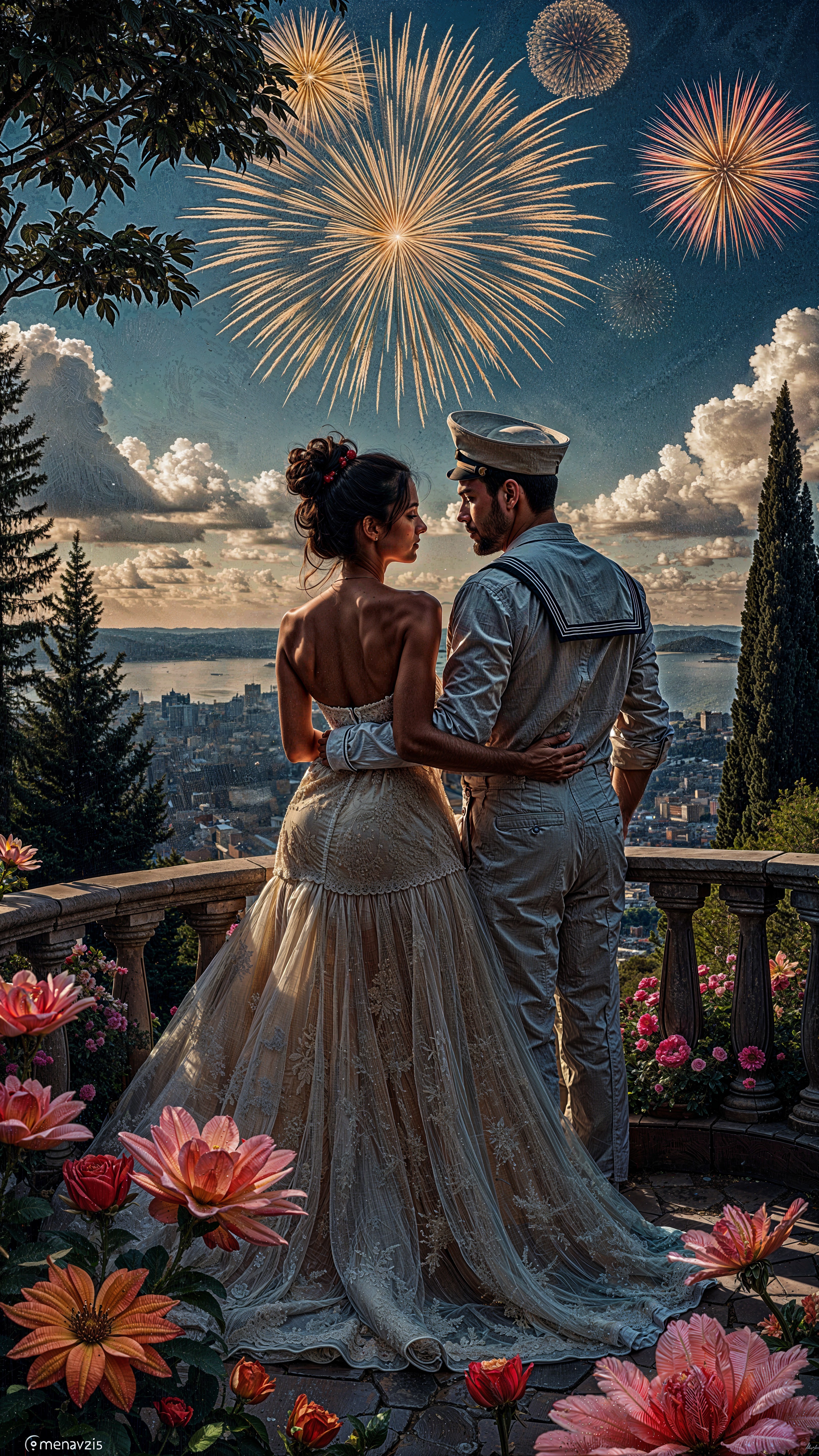 Nighttime Balcony Embrace with City and Fireworks