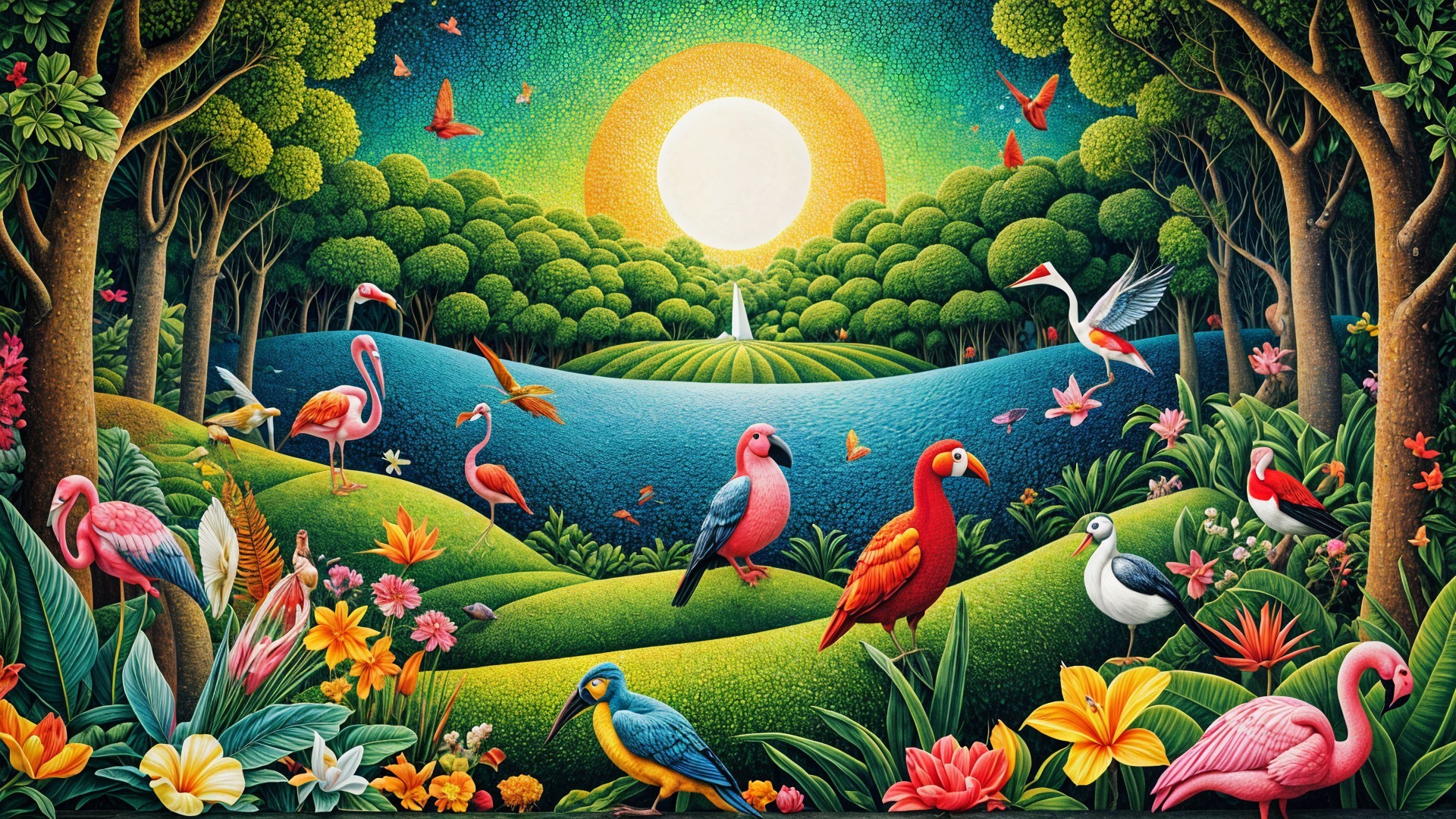 Vibrant Tropical Landscape with Lush Flora and Fauna