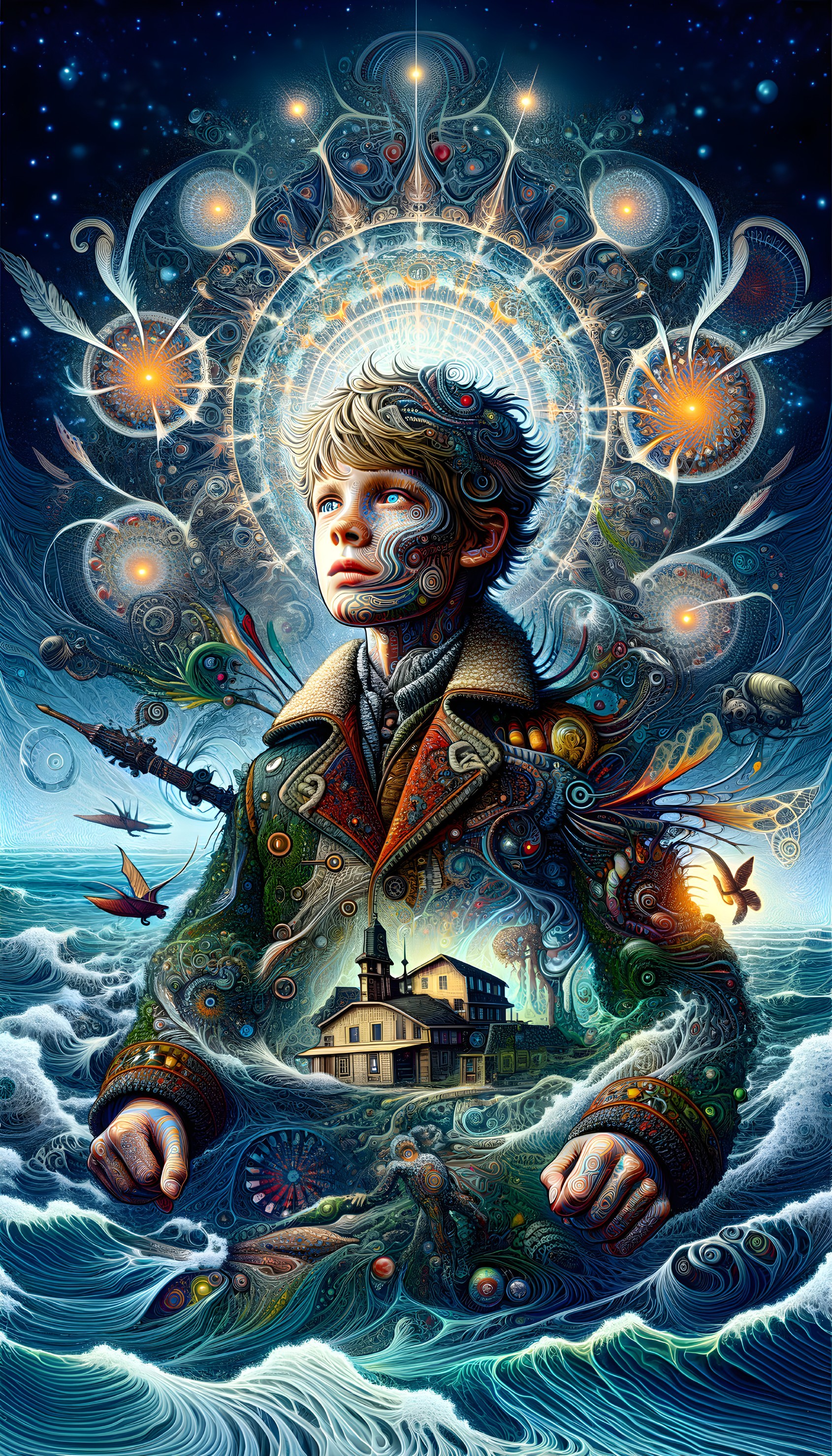 Surreal Cosmic Scene with Boy and Miniature Landscape