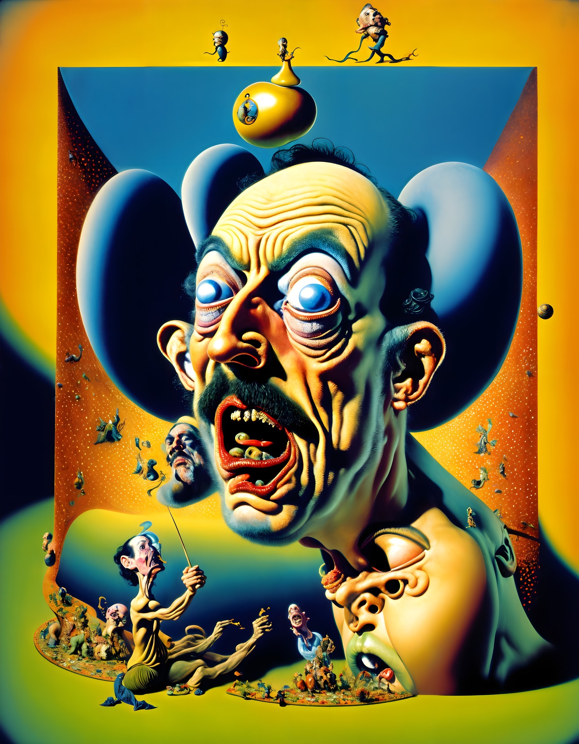Surrealistic Scene with Distorted Figure and Abstract Elements