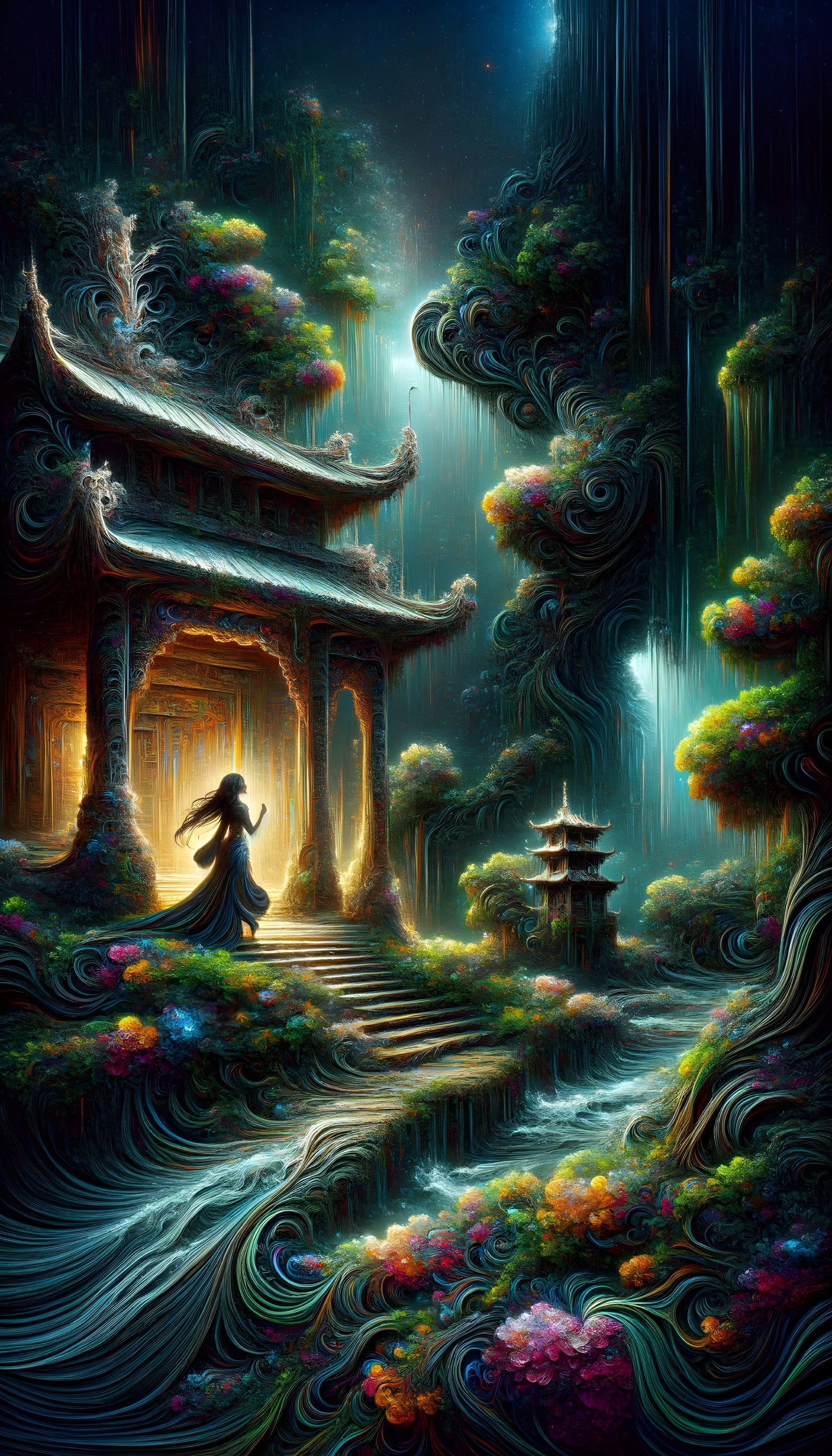 Enchanted forest temple scene under starry sky