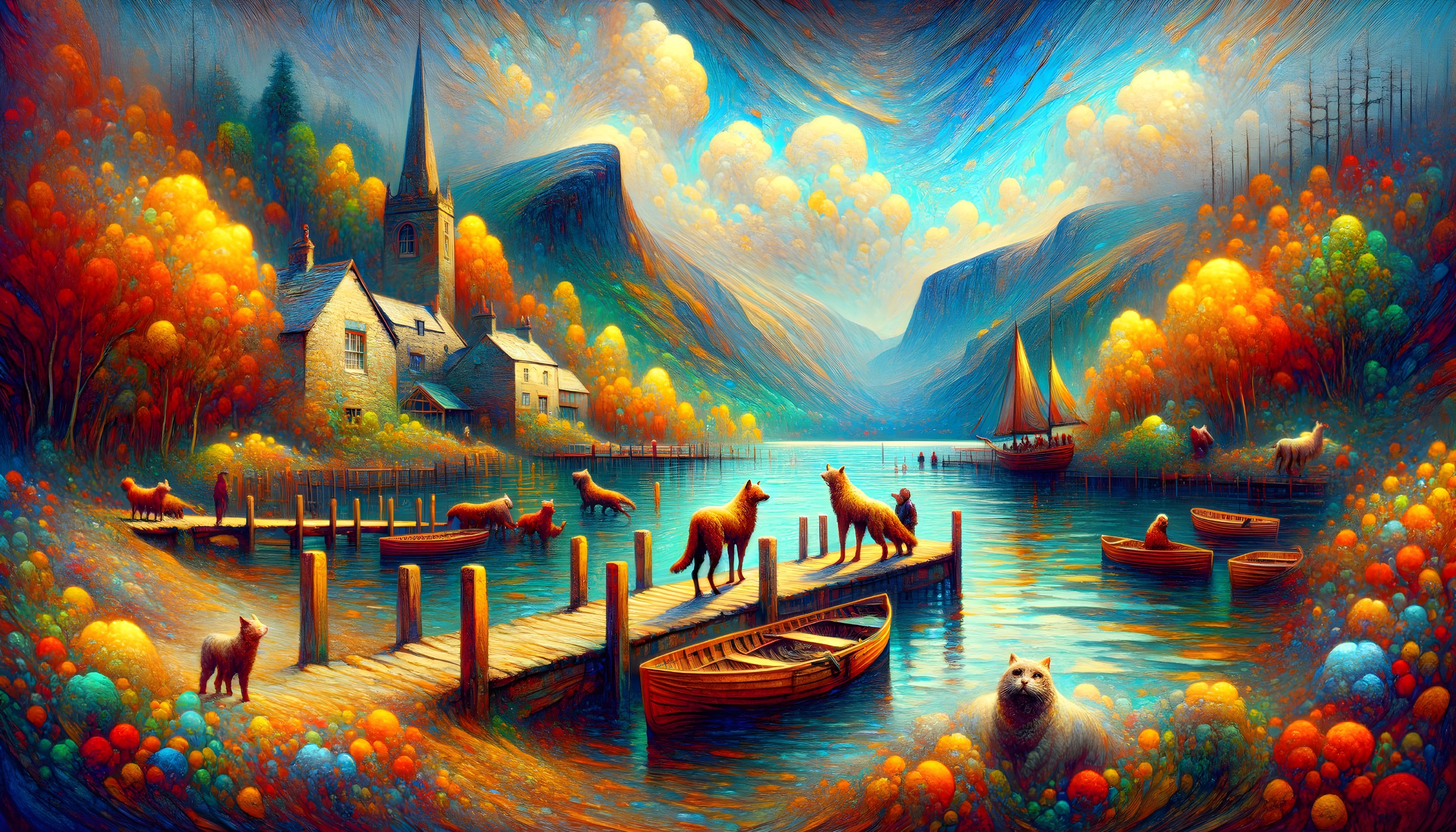 Vibrant Autumn Landscape with Lake and Animals