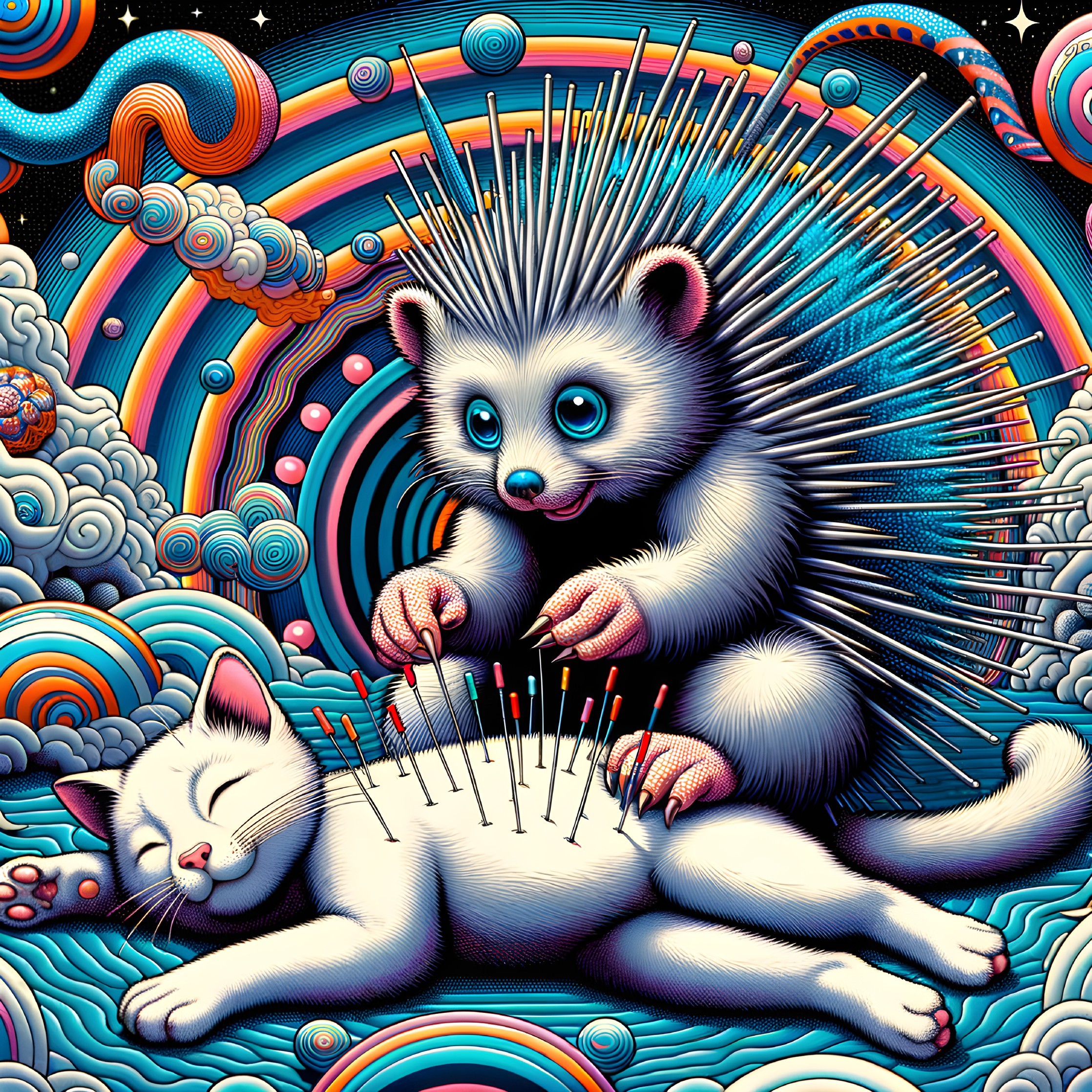 Colorful Porcupine and White Cat Artwork with Cosmic Background
