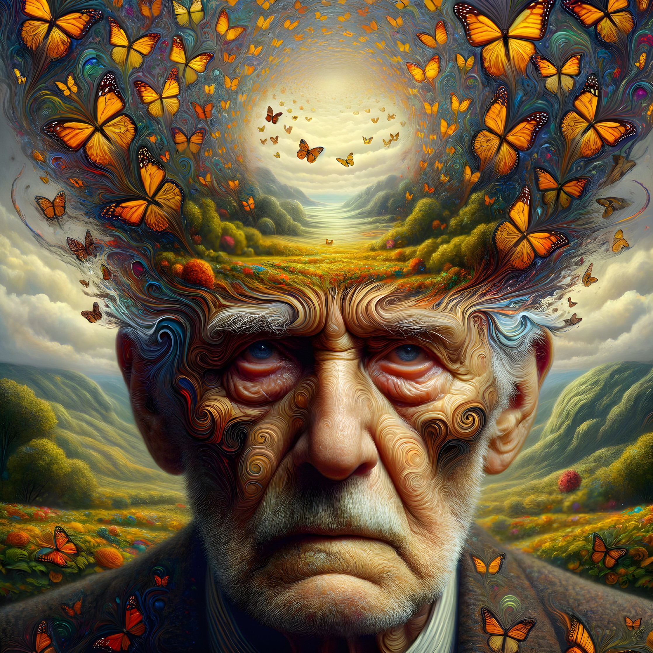 Elderly Man Surrounded by Butterflies and Scenic Landscape