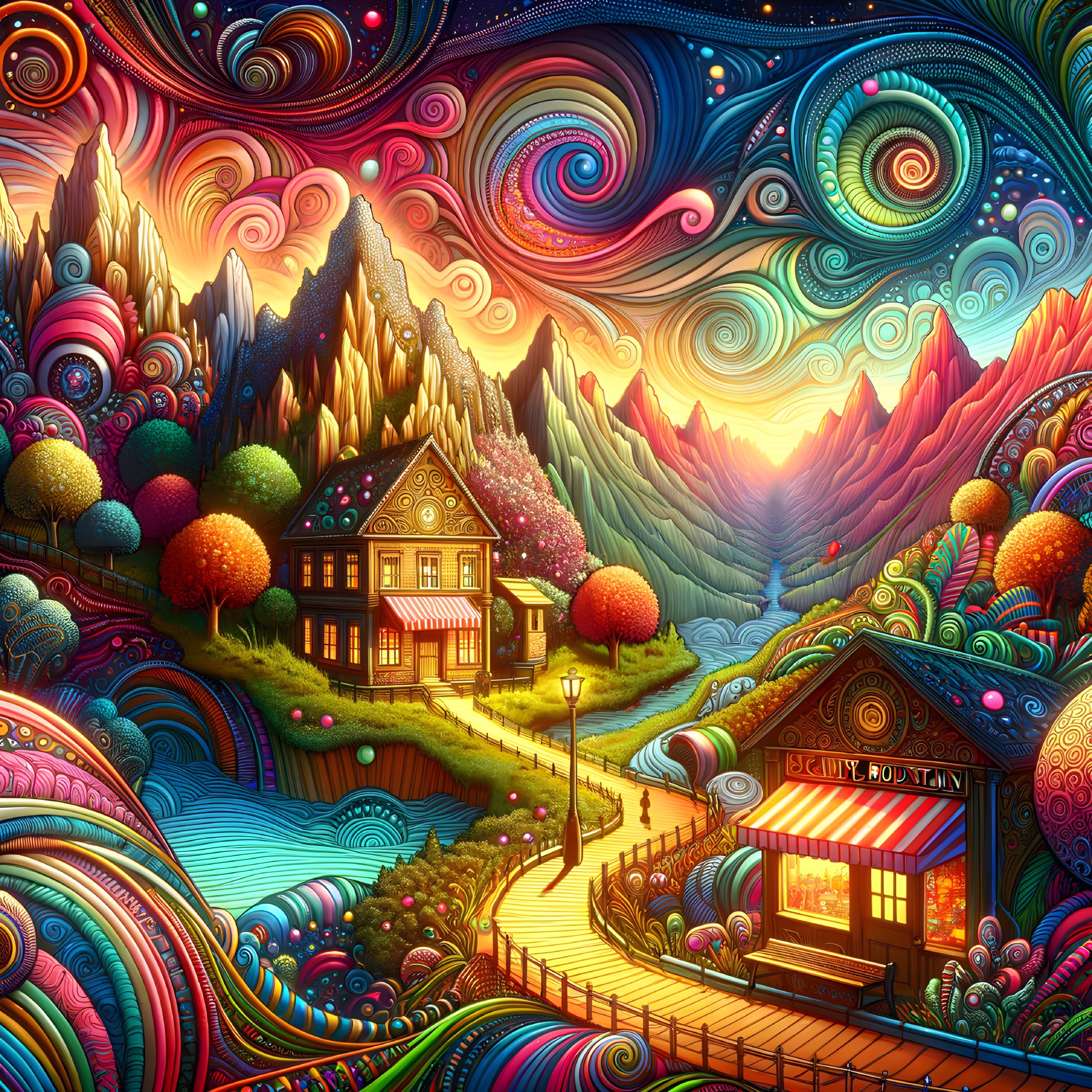 Surreal Landscape with Whimsical Mountains and River