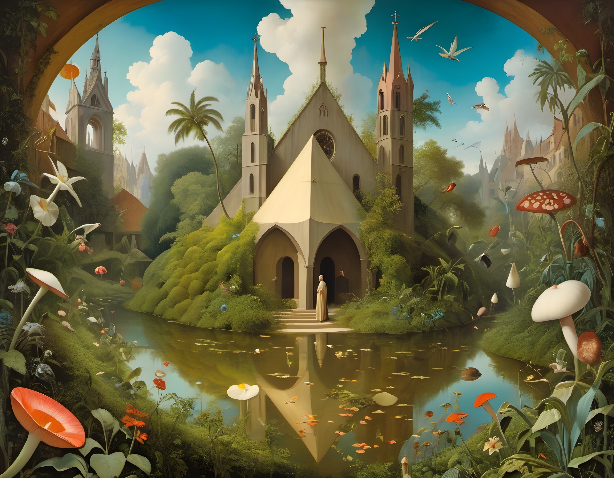 Whimsical Church Surrounded by Lush Nature and Flowers