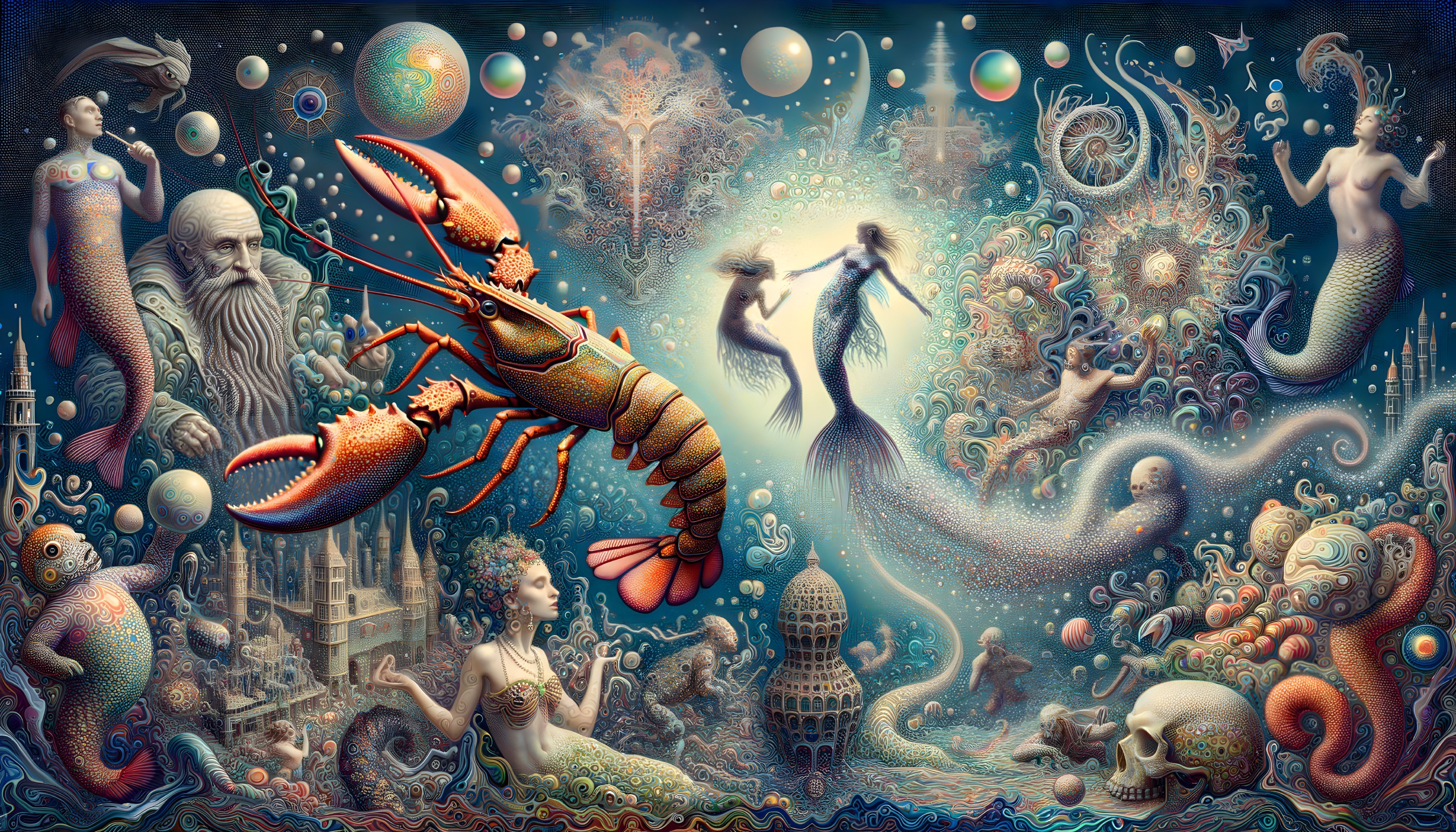 Surreal Underwater Scene with Mermaids and Lobster