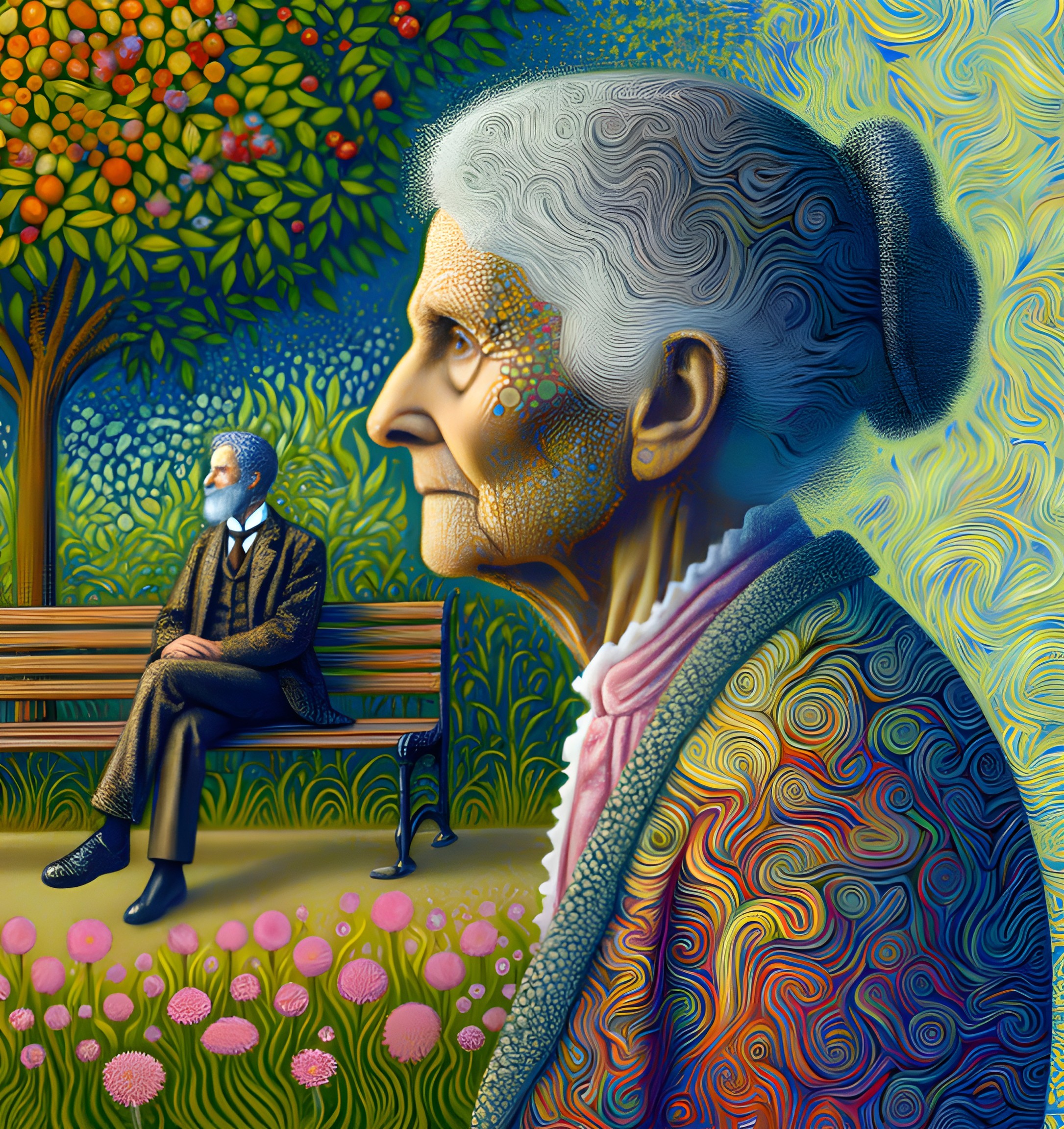 Colorful depiction of an elderly couple in nature