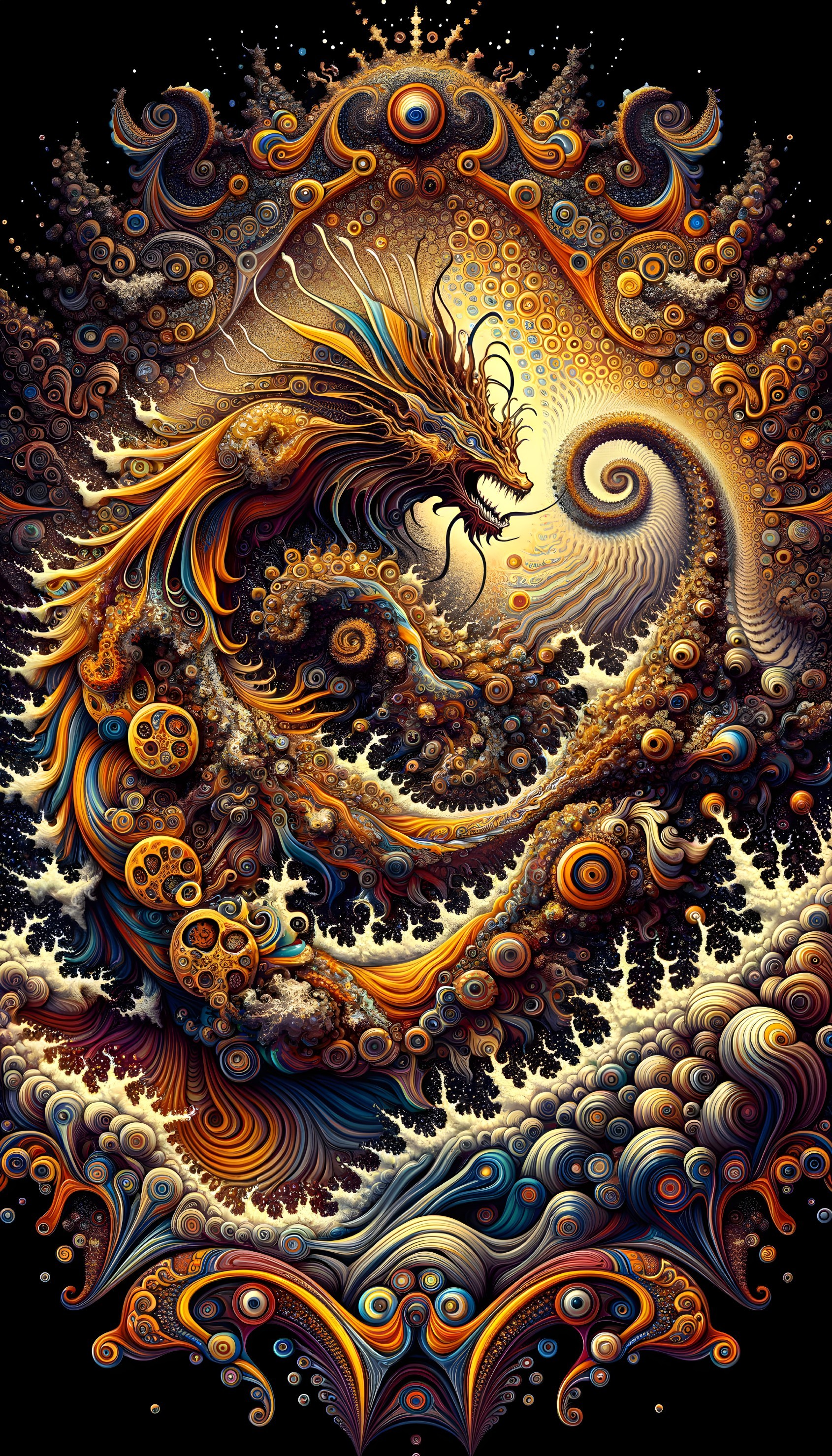 Vibrant Dragon in Golden and Blue Abstract Patterns