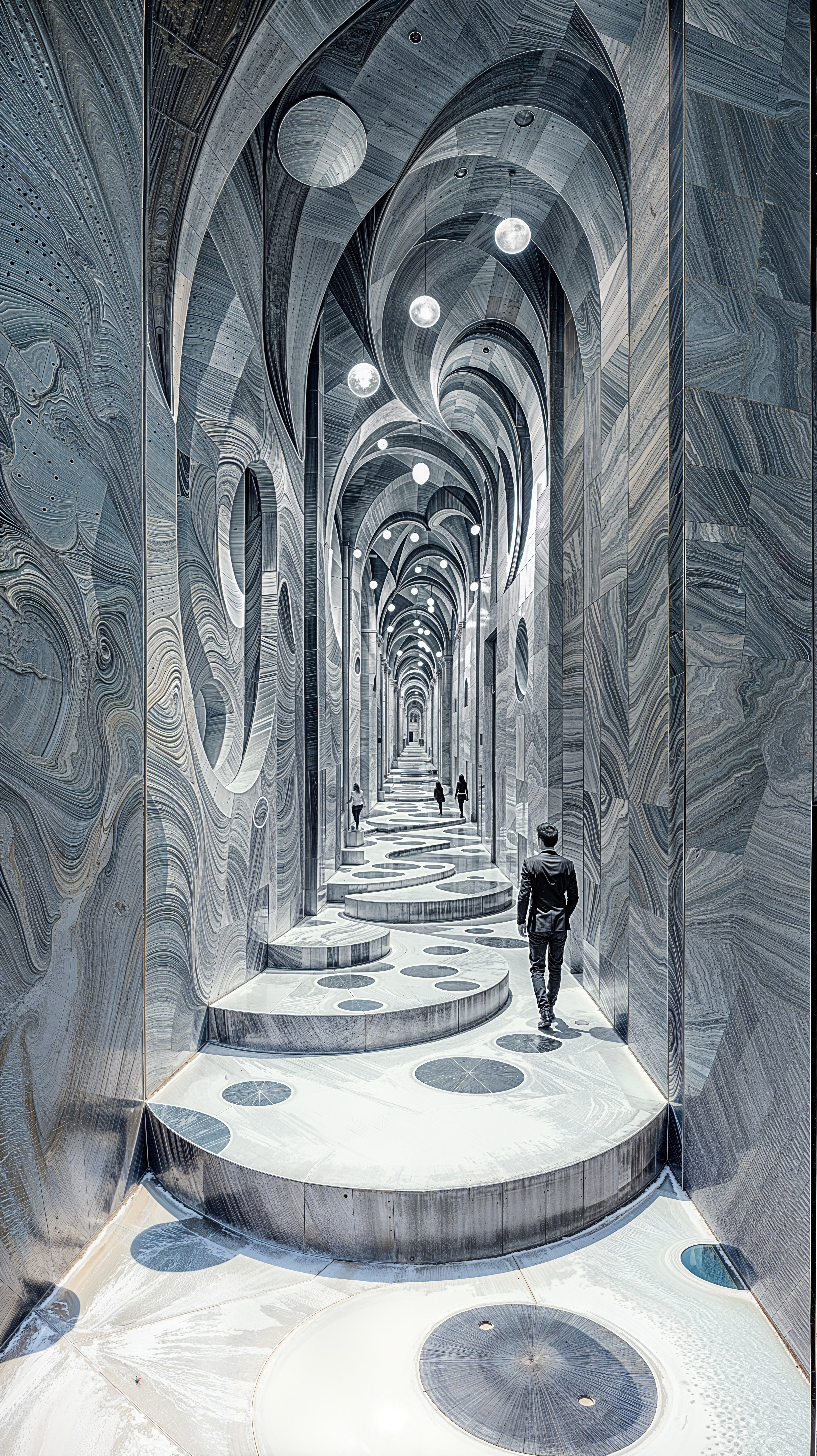 Corridor with Swirling Marble Patterns and Arched Ceilings