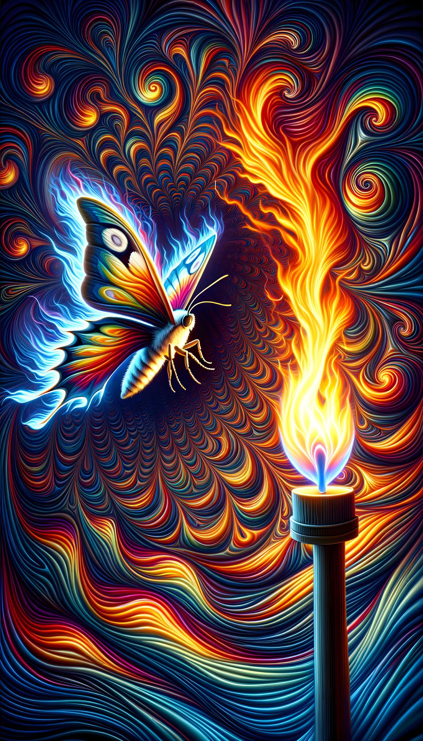 Vibrant Butterfly with Blue and Orange Wings Near Flame