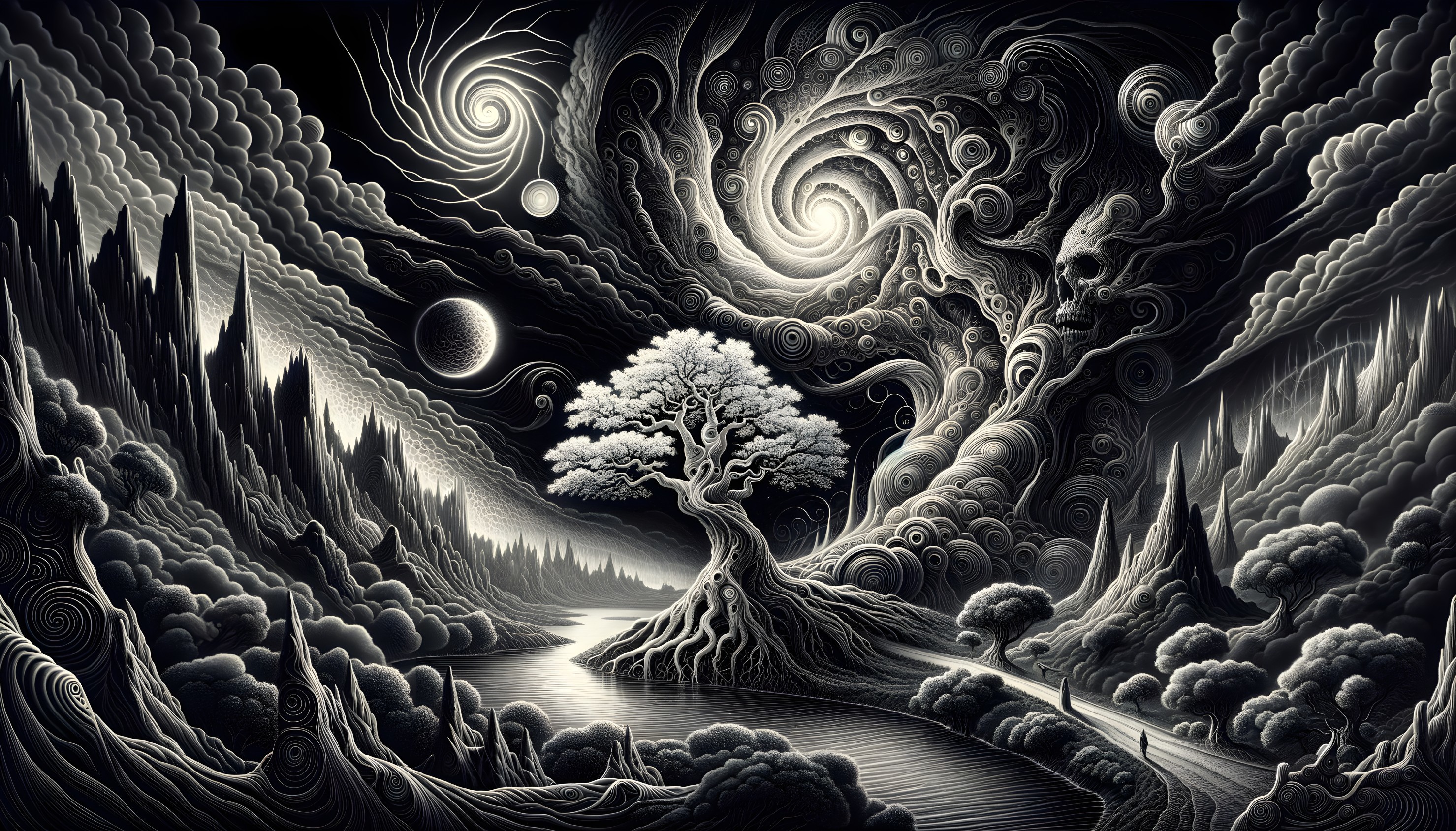 Monochrome surreal landscape with solitary tree and swirling sky patterns