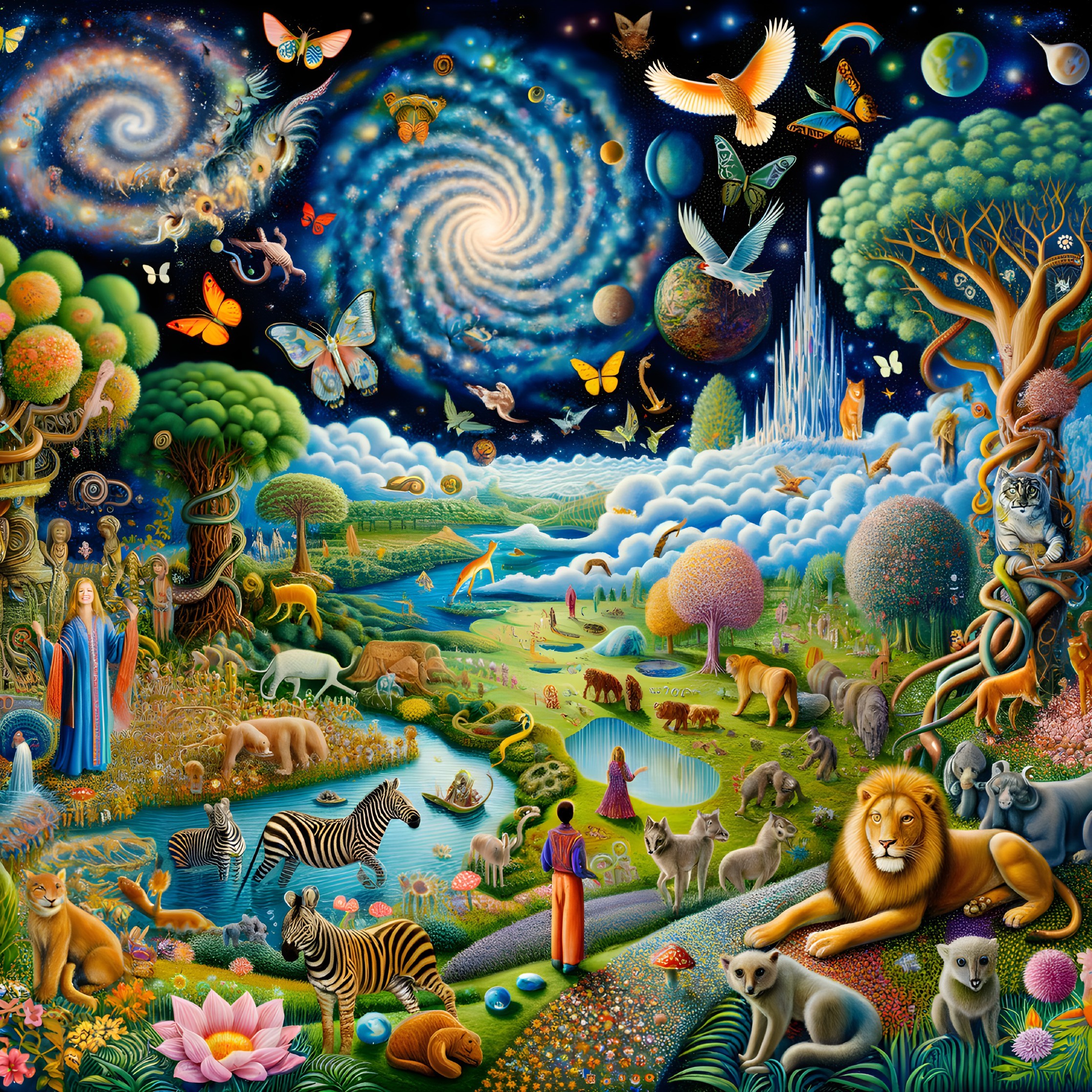 Fantastical landscape with diverse wildlife and surreal elements