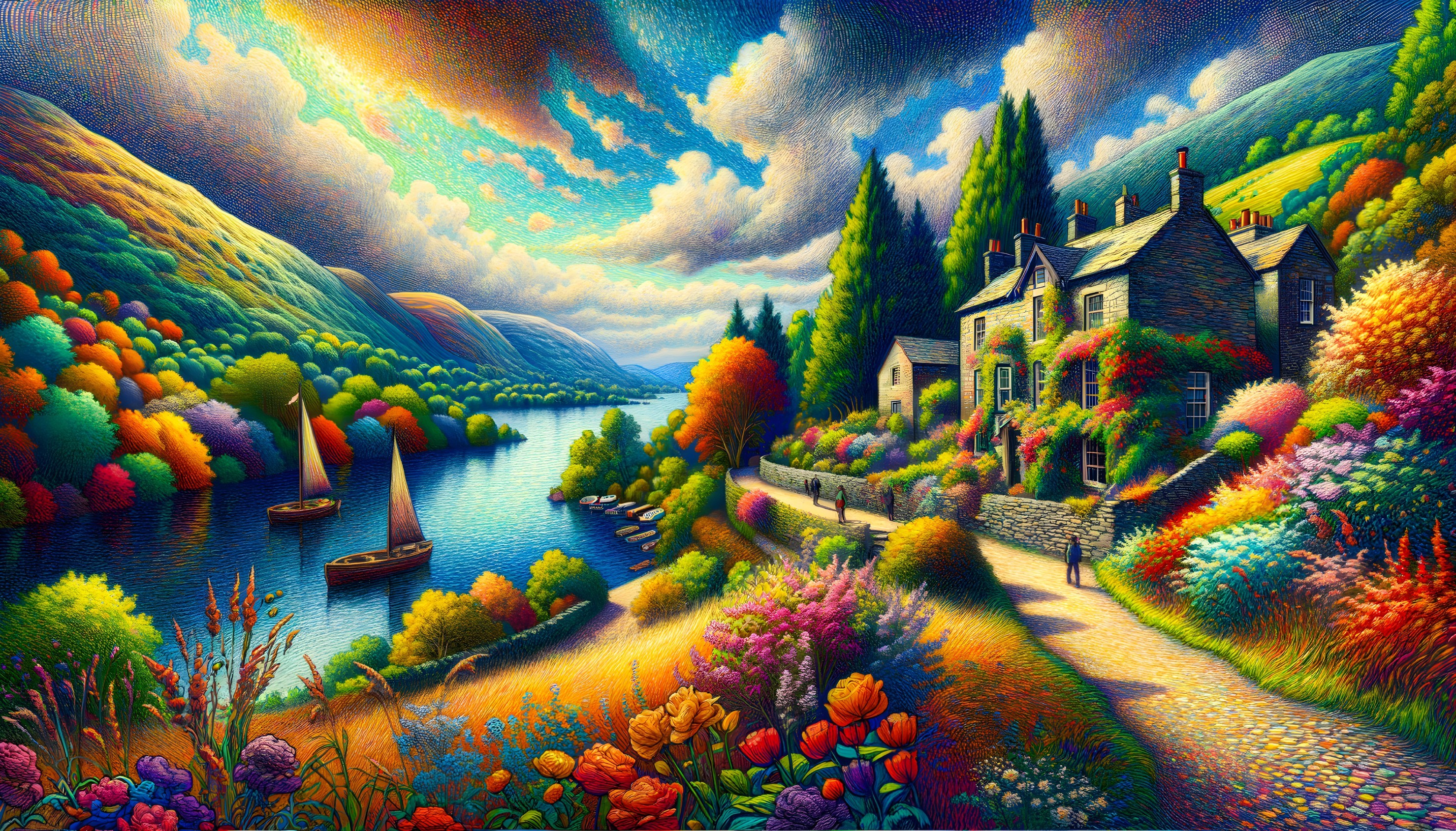 Vibrant Landscape of Lake and Lush Hills with Cottages