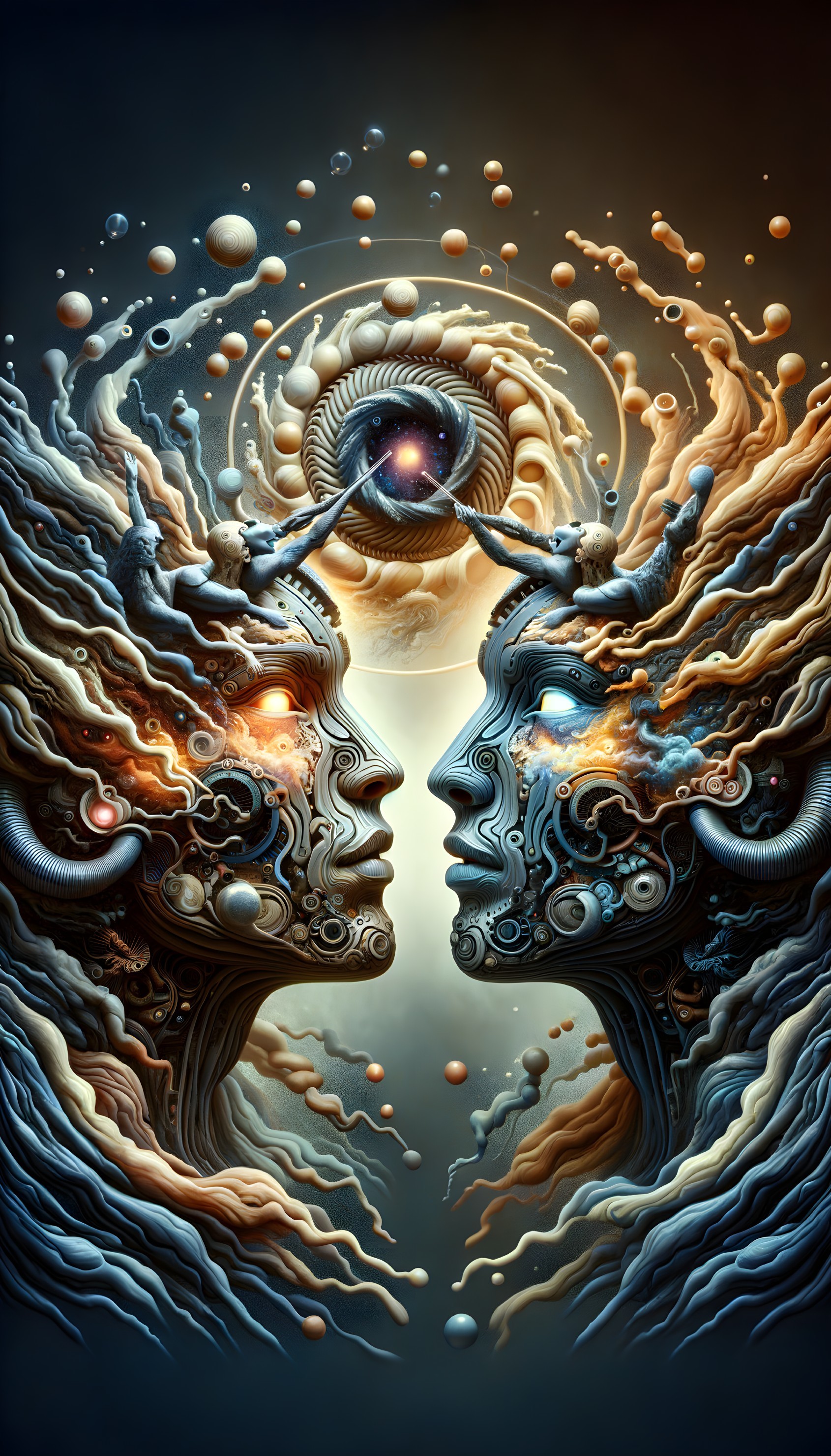 Cosmic Landscape with Merging Faces and Vibrant Colors