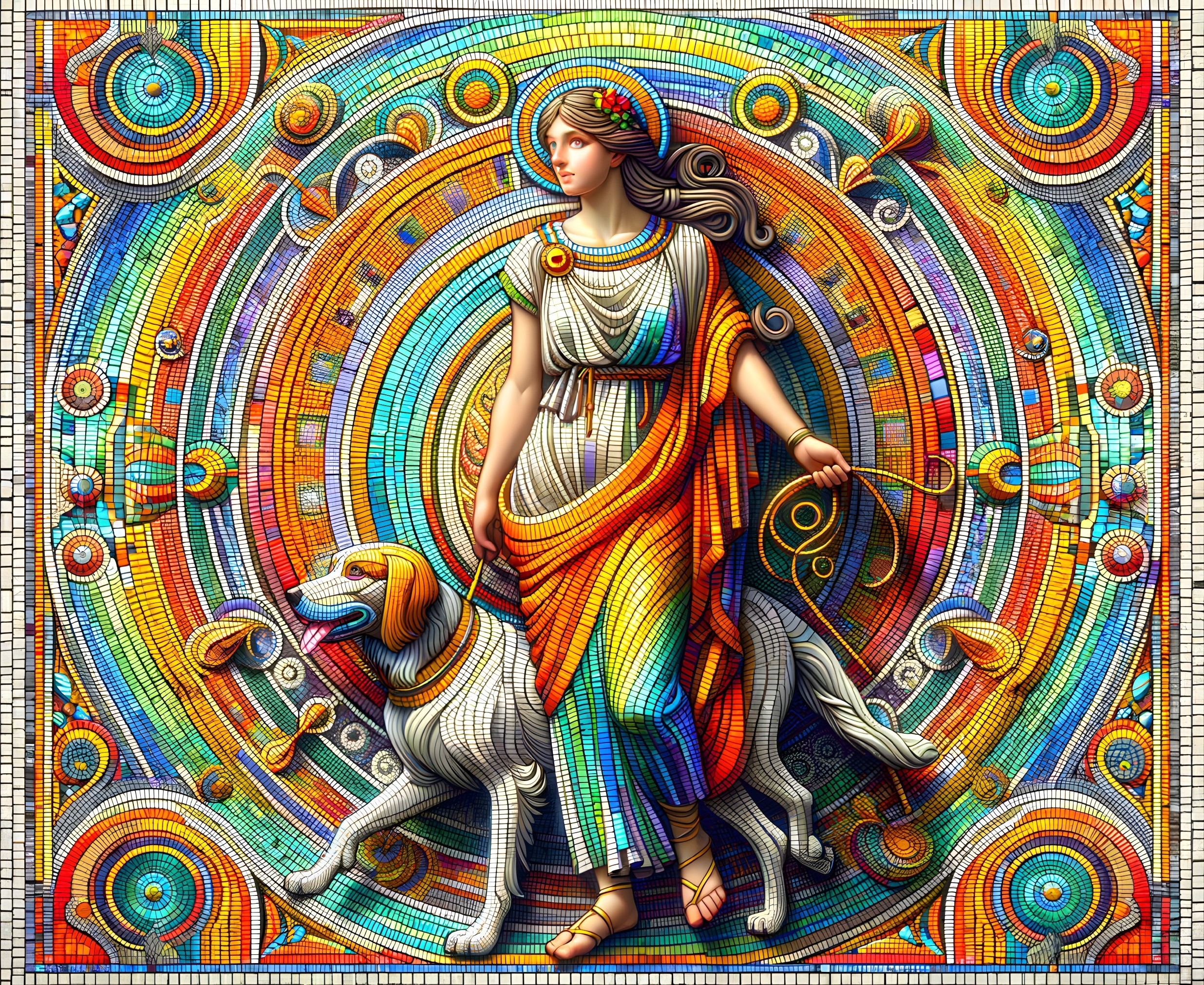 Colorful mosaic artwork of classical figure with laurel crown and staff.