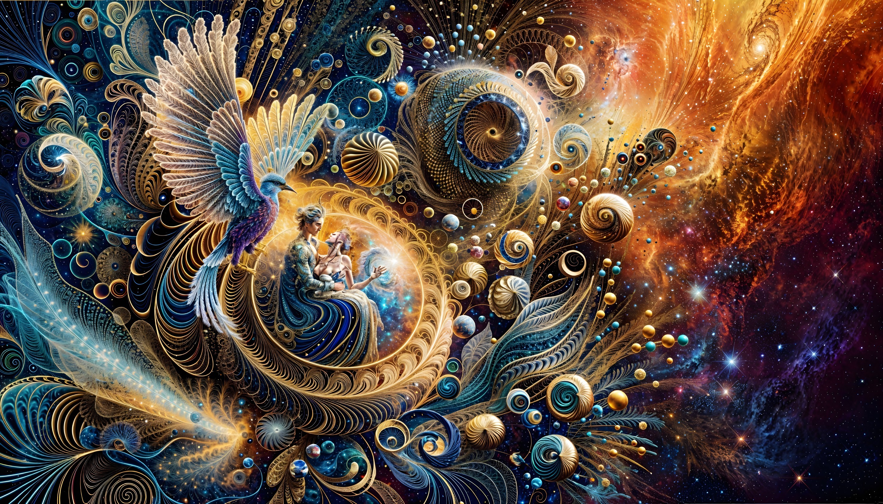 Cosmic Scene with Ethereal Beings and Galaxies