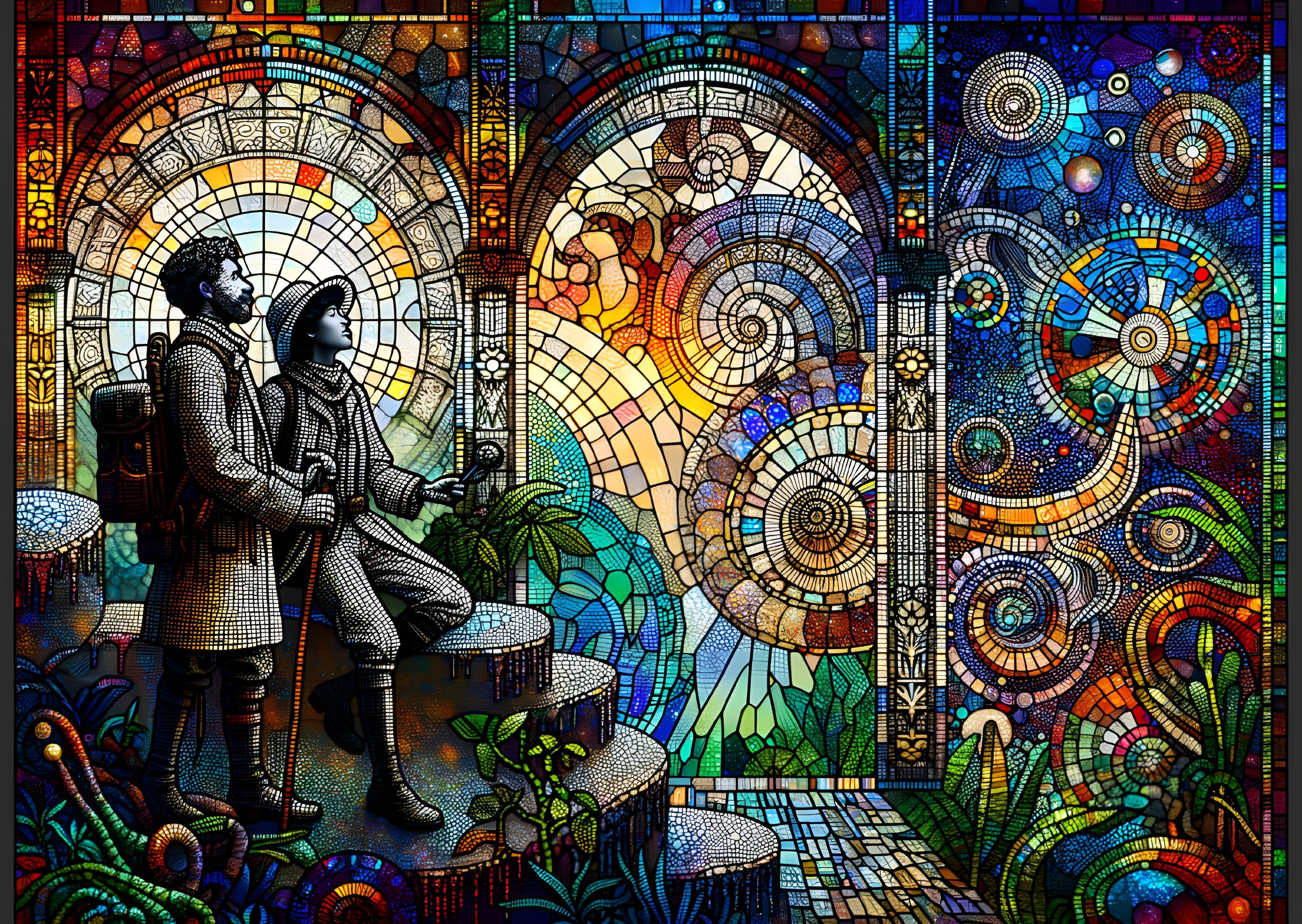 Stained Glass Scene of Travelers on a Staircase
