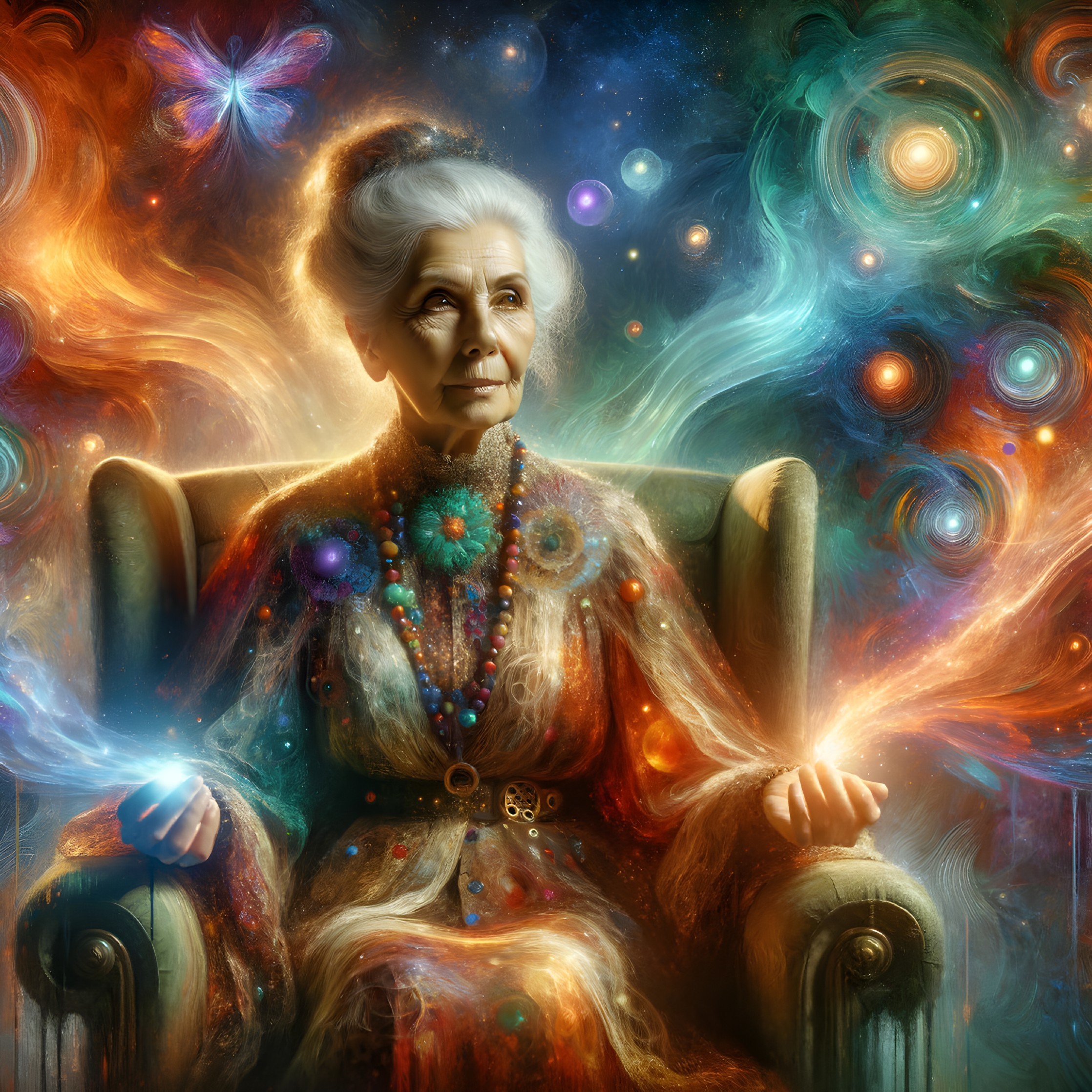 Elderly Woman in Cosmic Setting with Glowing Hands