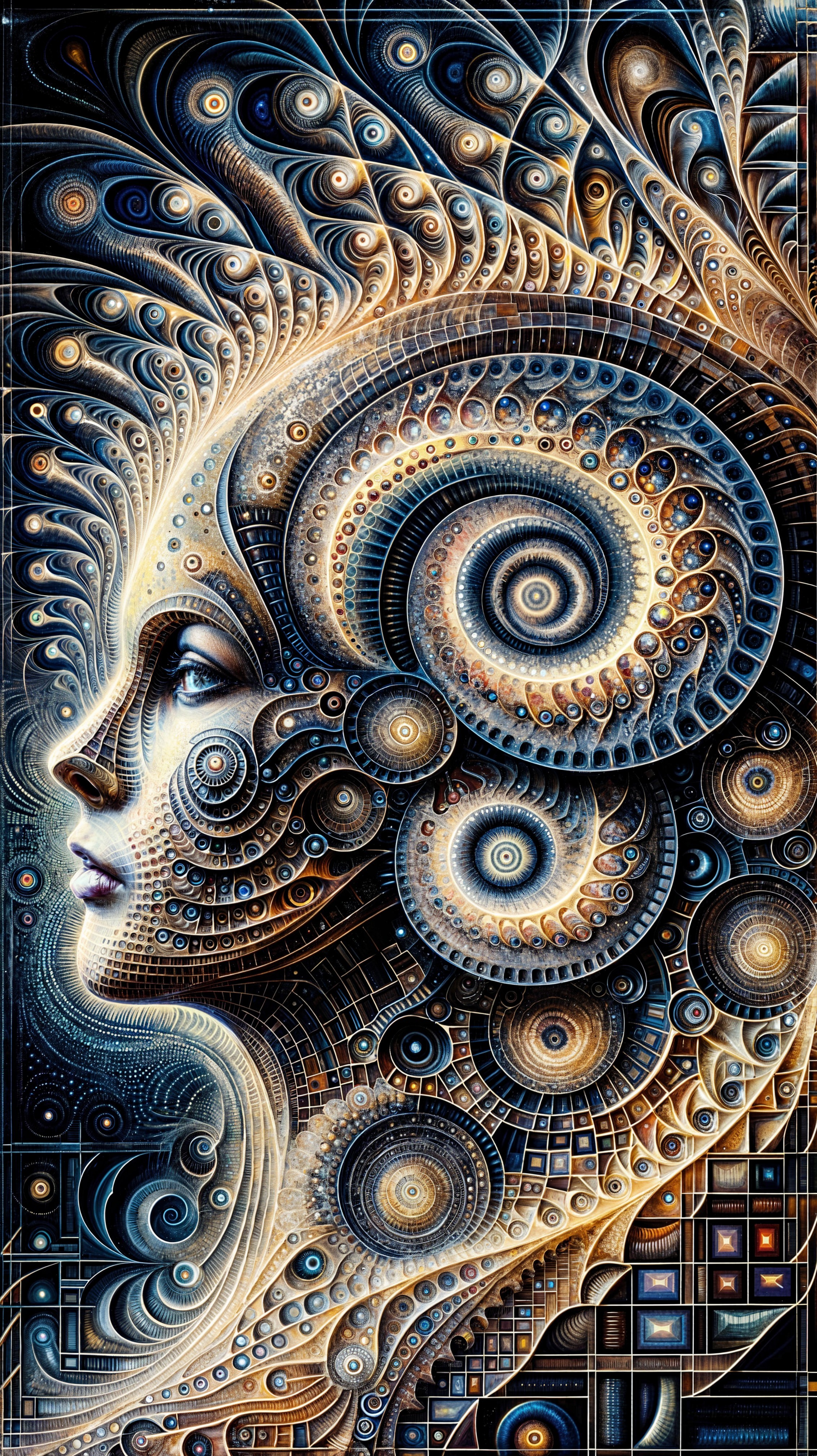 Stylized Face with Swirling Patterns and Cosmic Themes