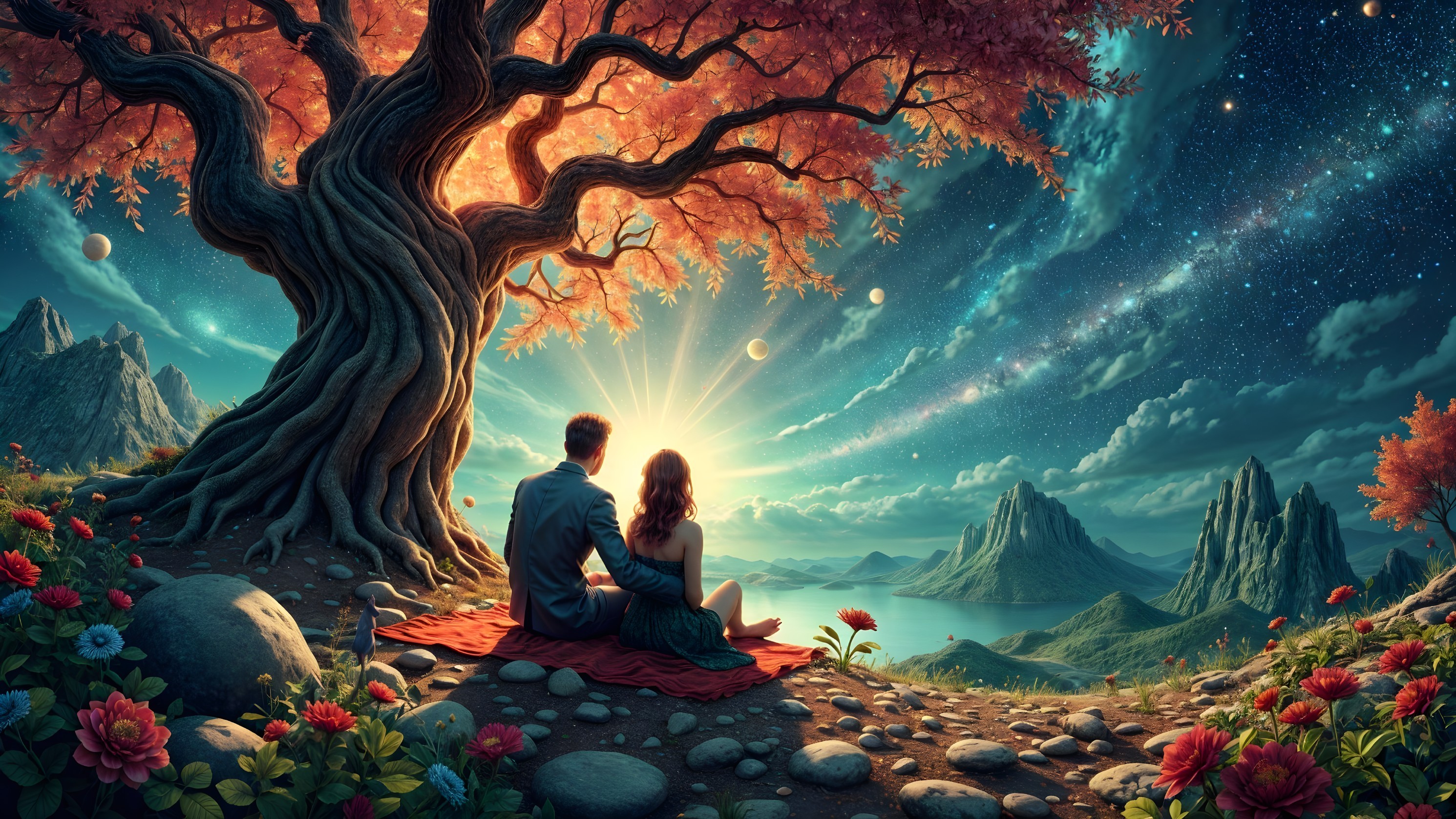 Couple under Autumn Tree with Starry Sky and Sunrise