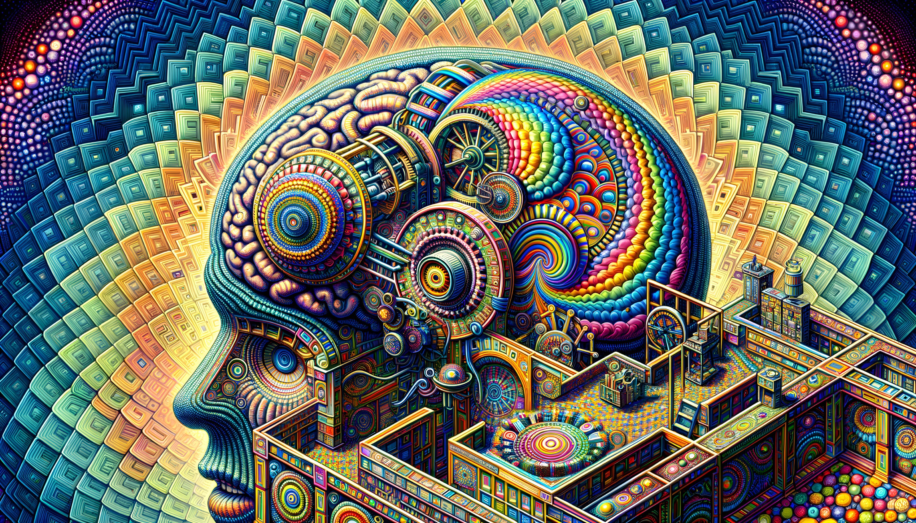 Surreal Human Head with Gears and Colorful Patterns