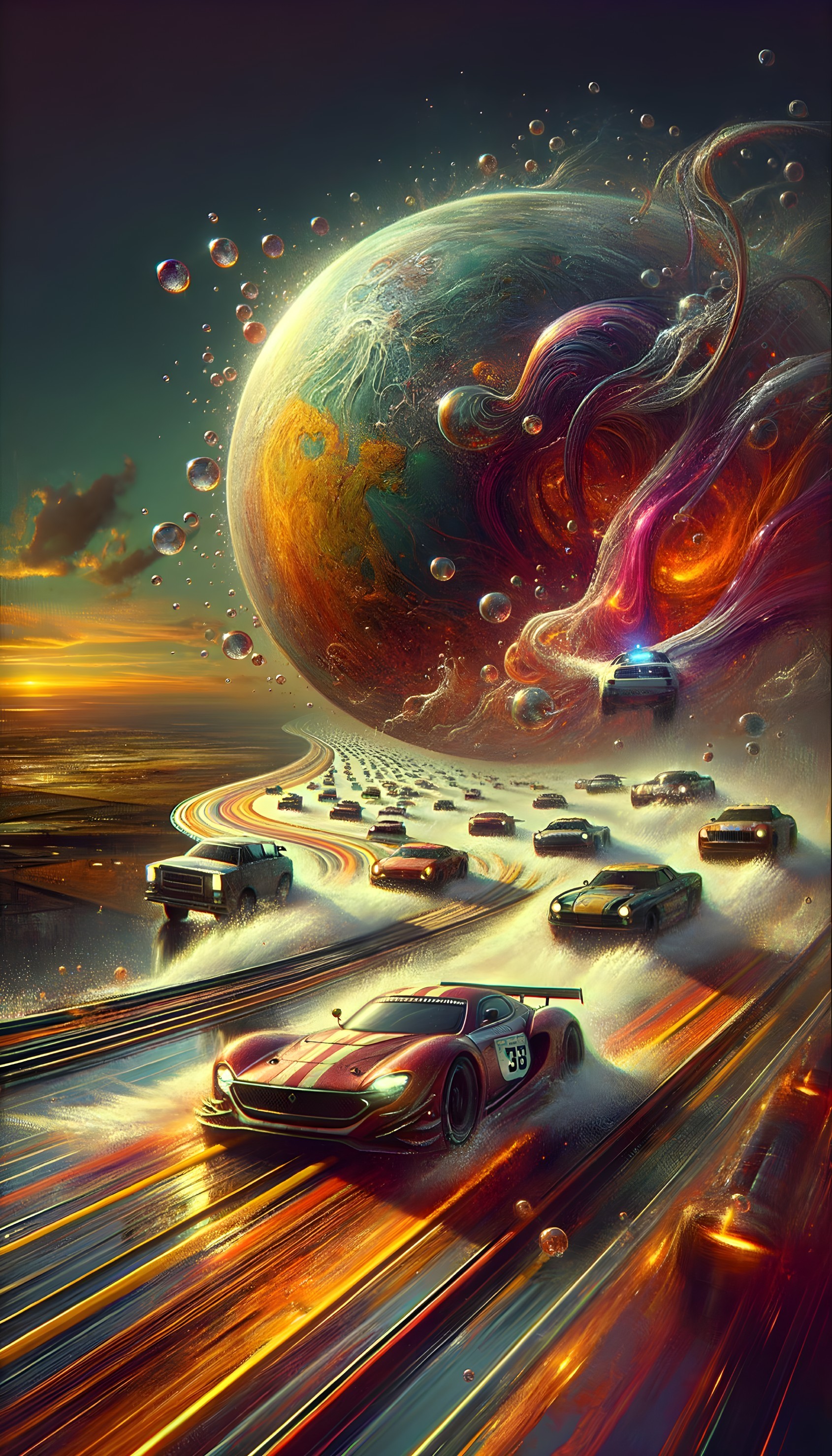 Futuristic Racing Cars on a Cosmic Colorful Track