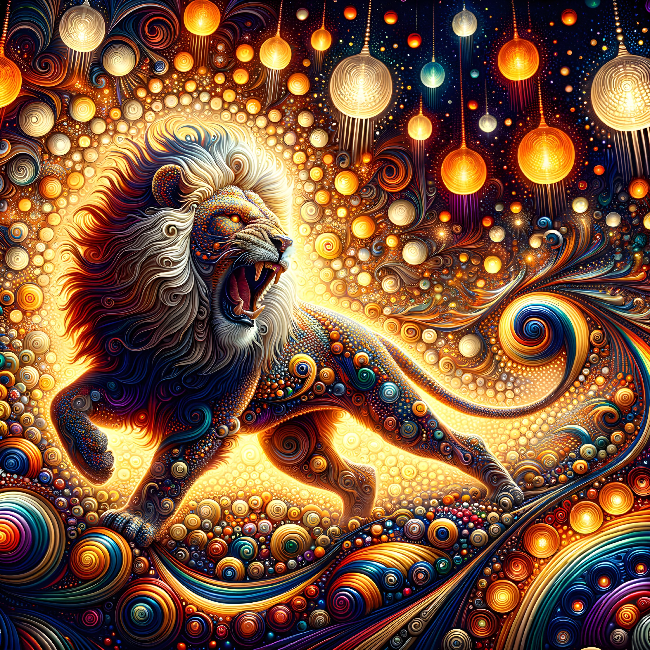 Colorful Psychedelic Lion Illustration with Cosmic Background