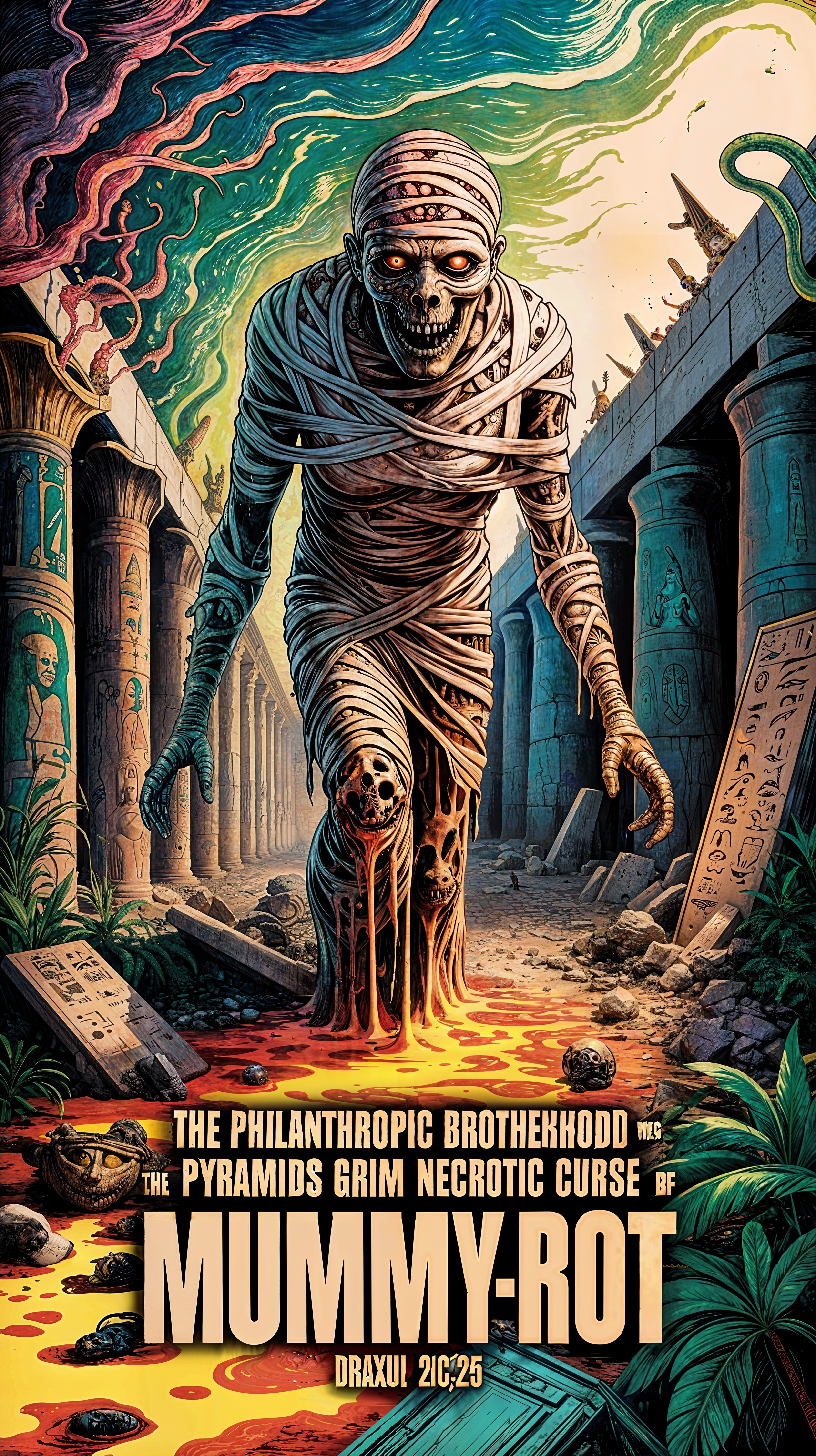 Mummified Figure and Hieroglyphs in Dark Scene