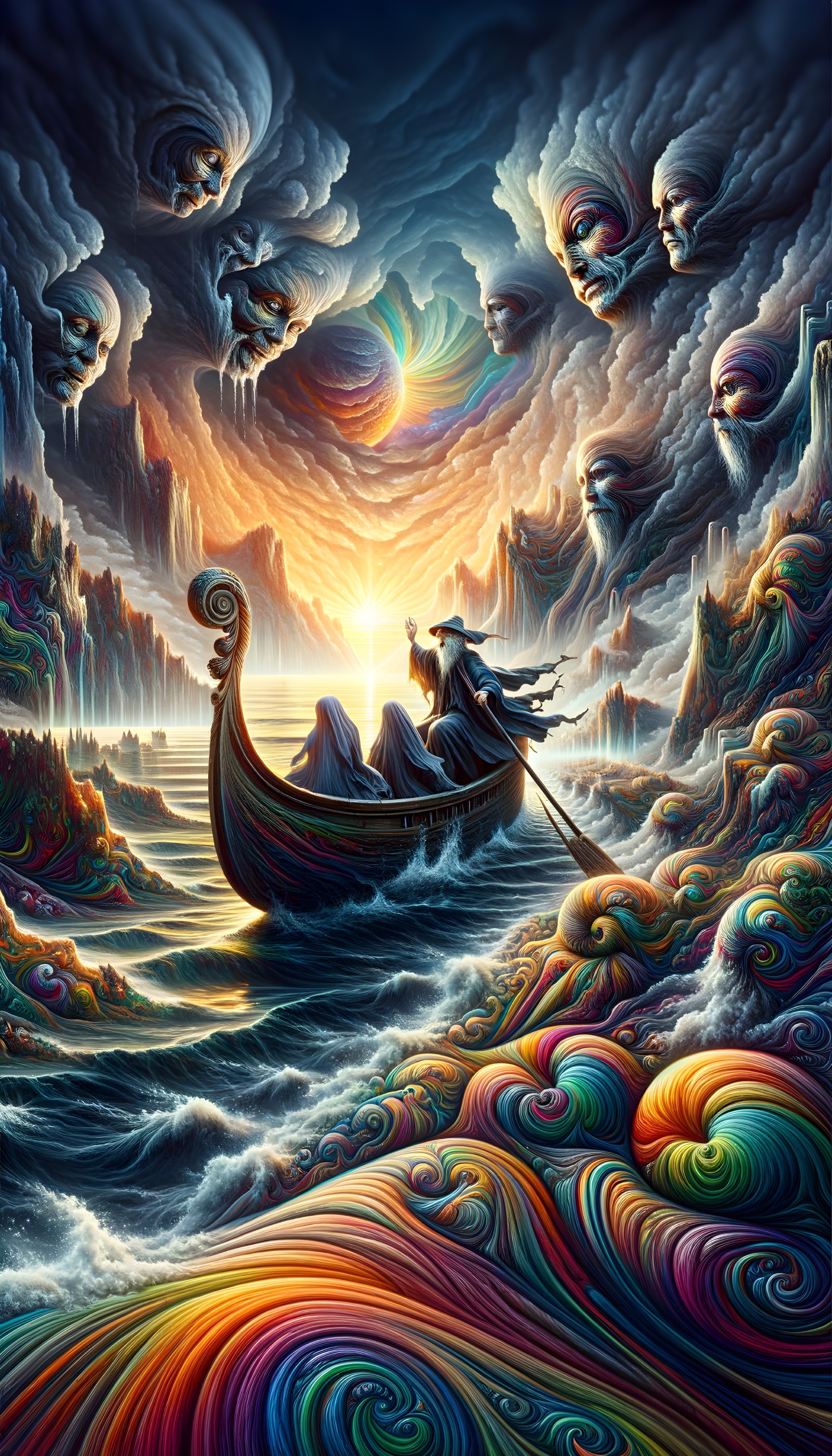 Mystical Boat Journey Through Vibrant Swirling Waters
