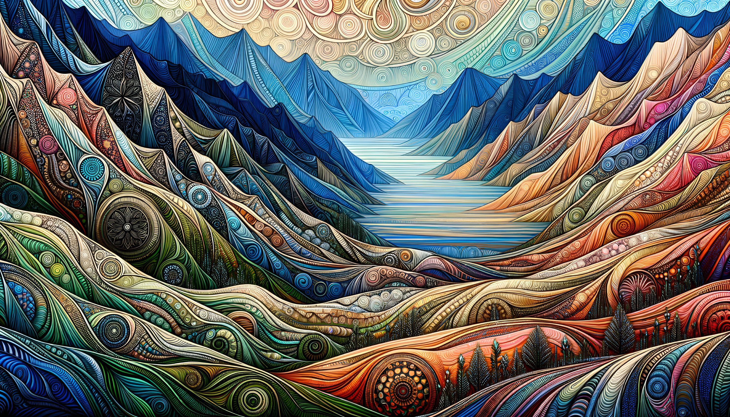 Colorful Stylized Landscape with Swirling Patterns