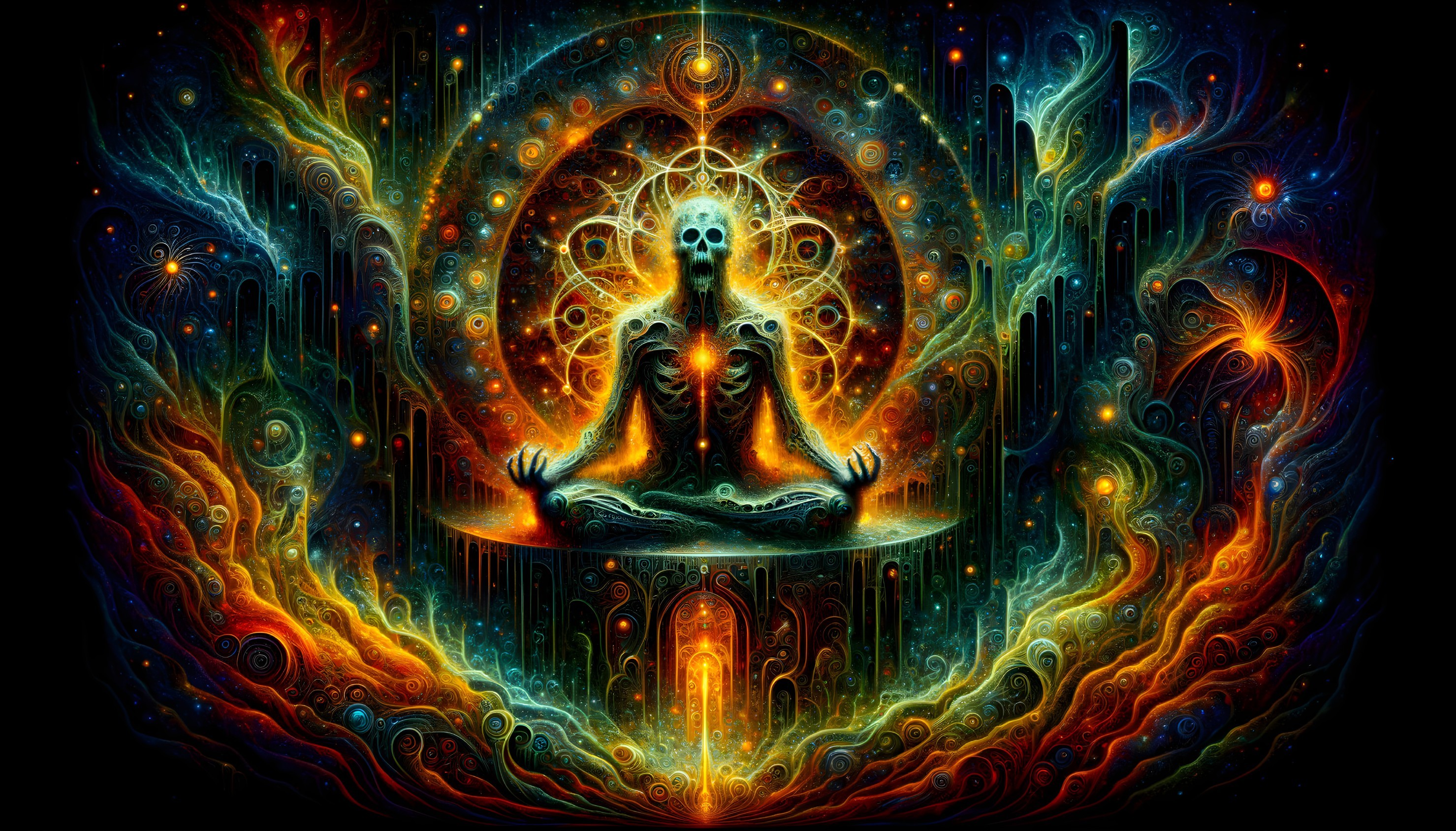 Vibrant Cosmic Scene with Meditating Figure and Patterns