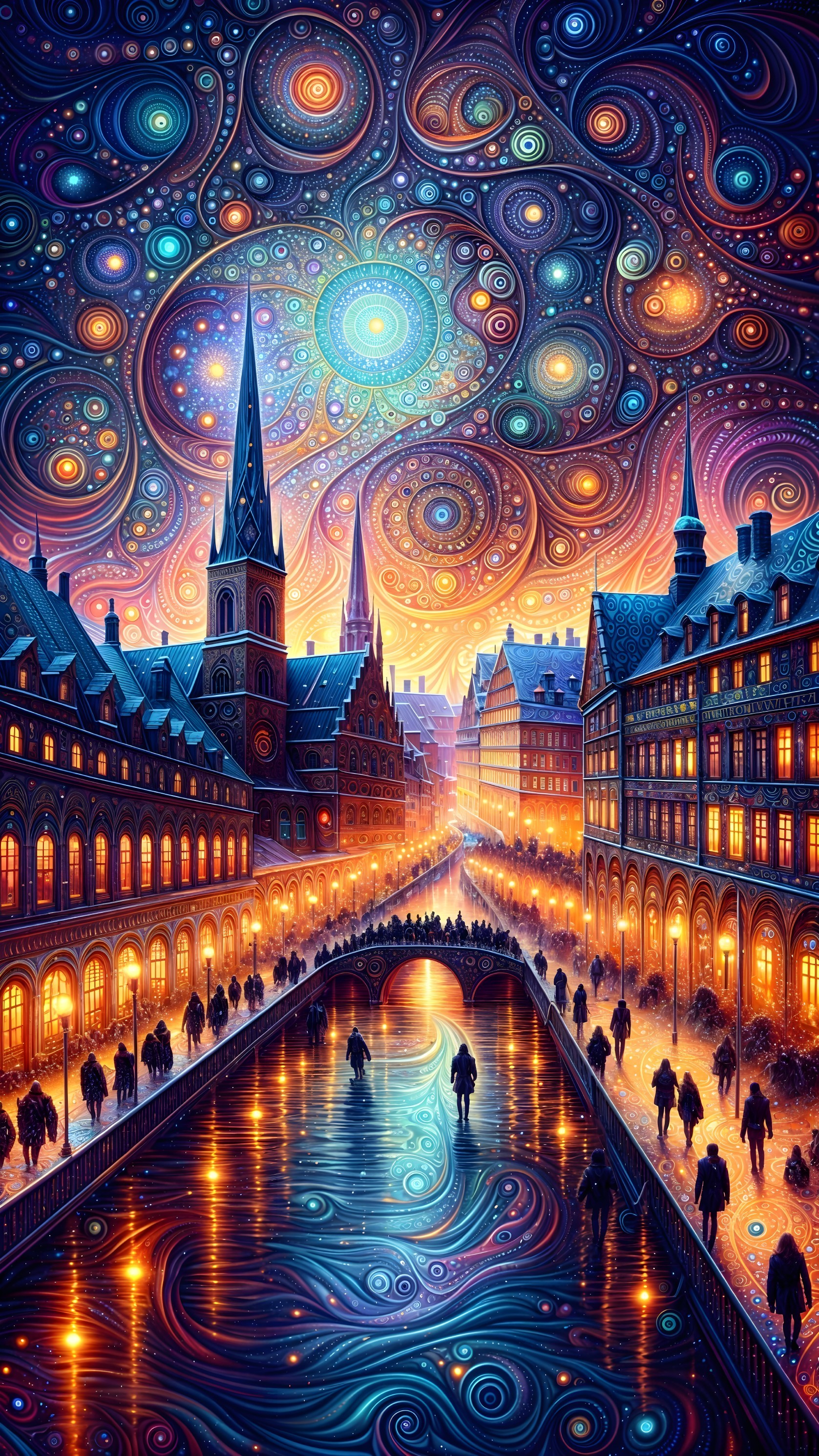 Vibrant Night Scene of a Cityscape and Canal