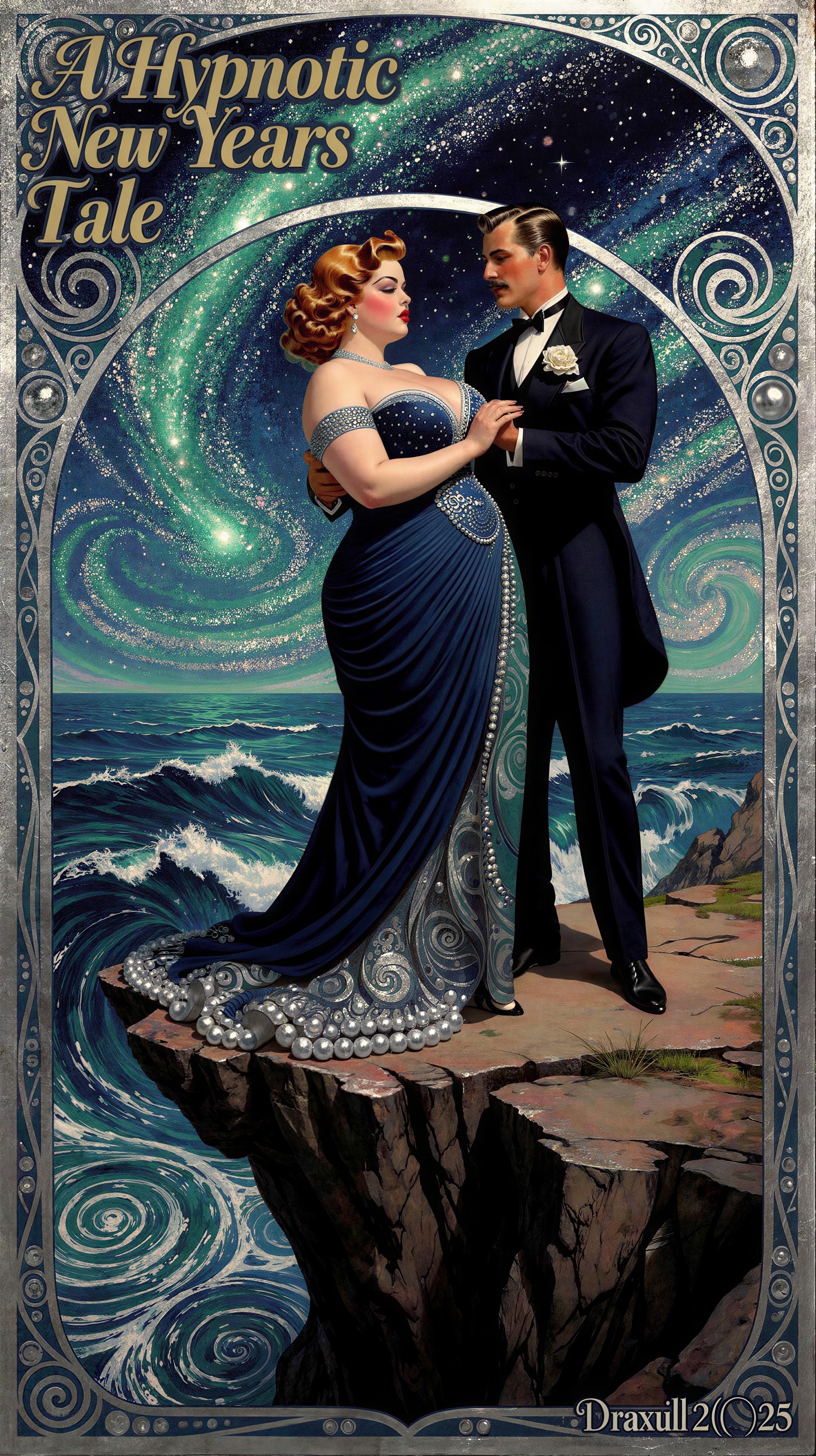 Couple on Cliff with Turbulent Sea and Starlit Sky