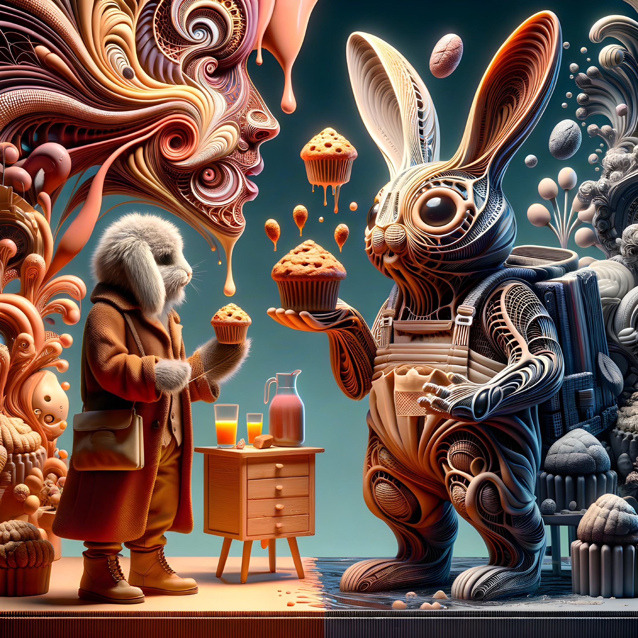 Whimsical Rabbit and Furry Figure in Surreal Setting