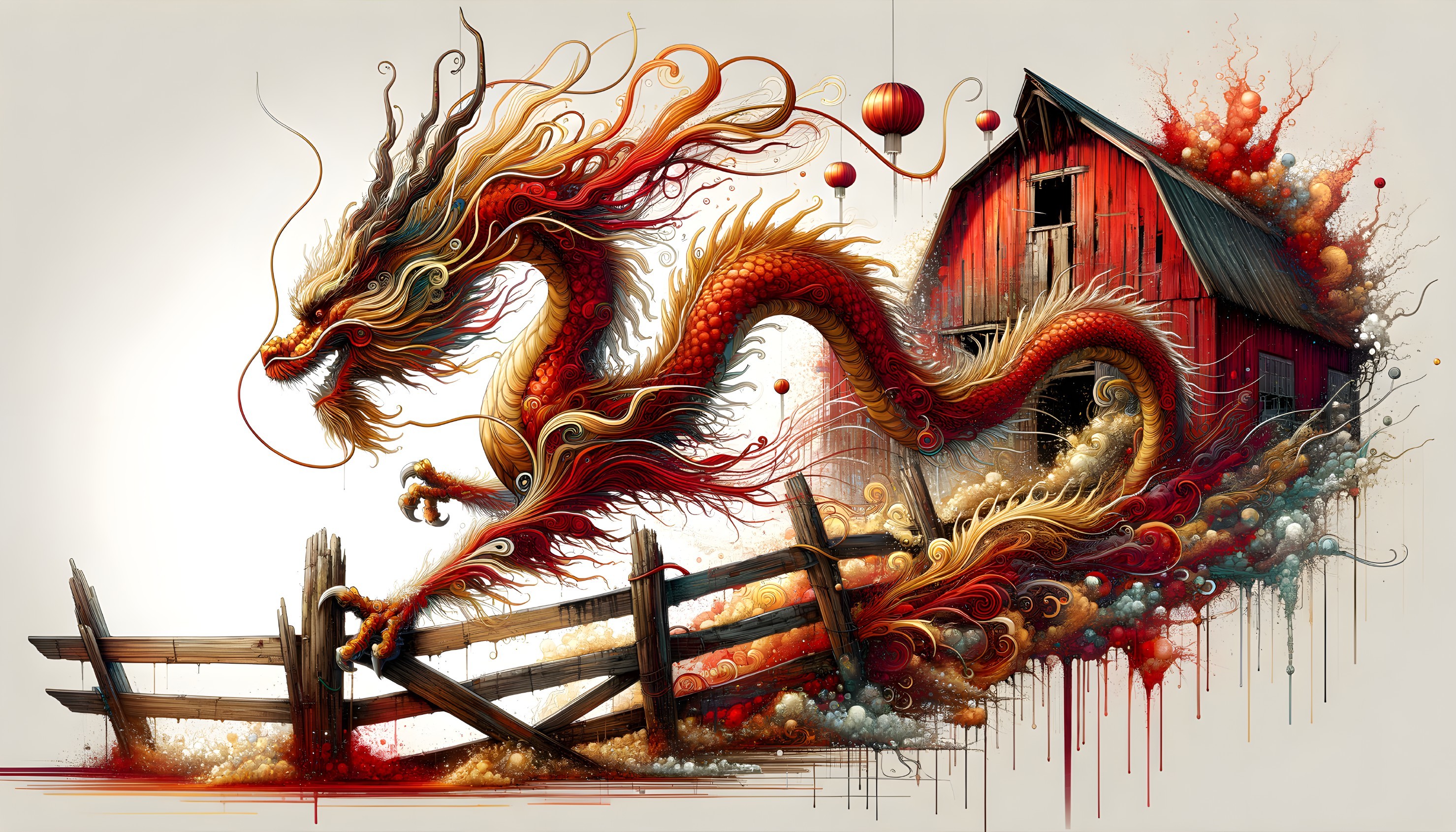 Chinese Dragon Entwined with Colorful Lanterns