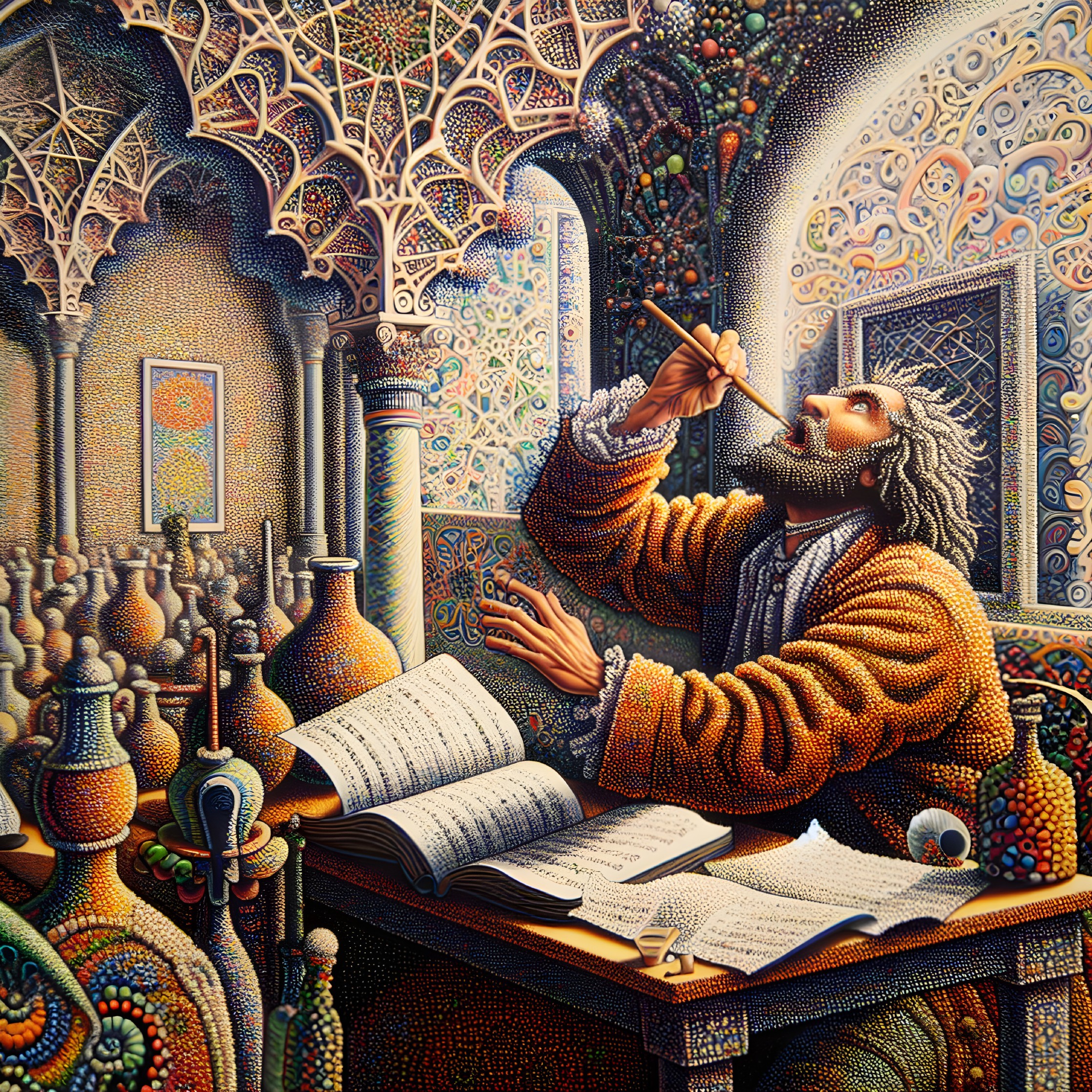 Scholar Engaged in Study Amidst Ornate Decor