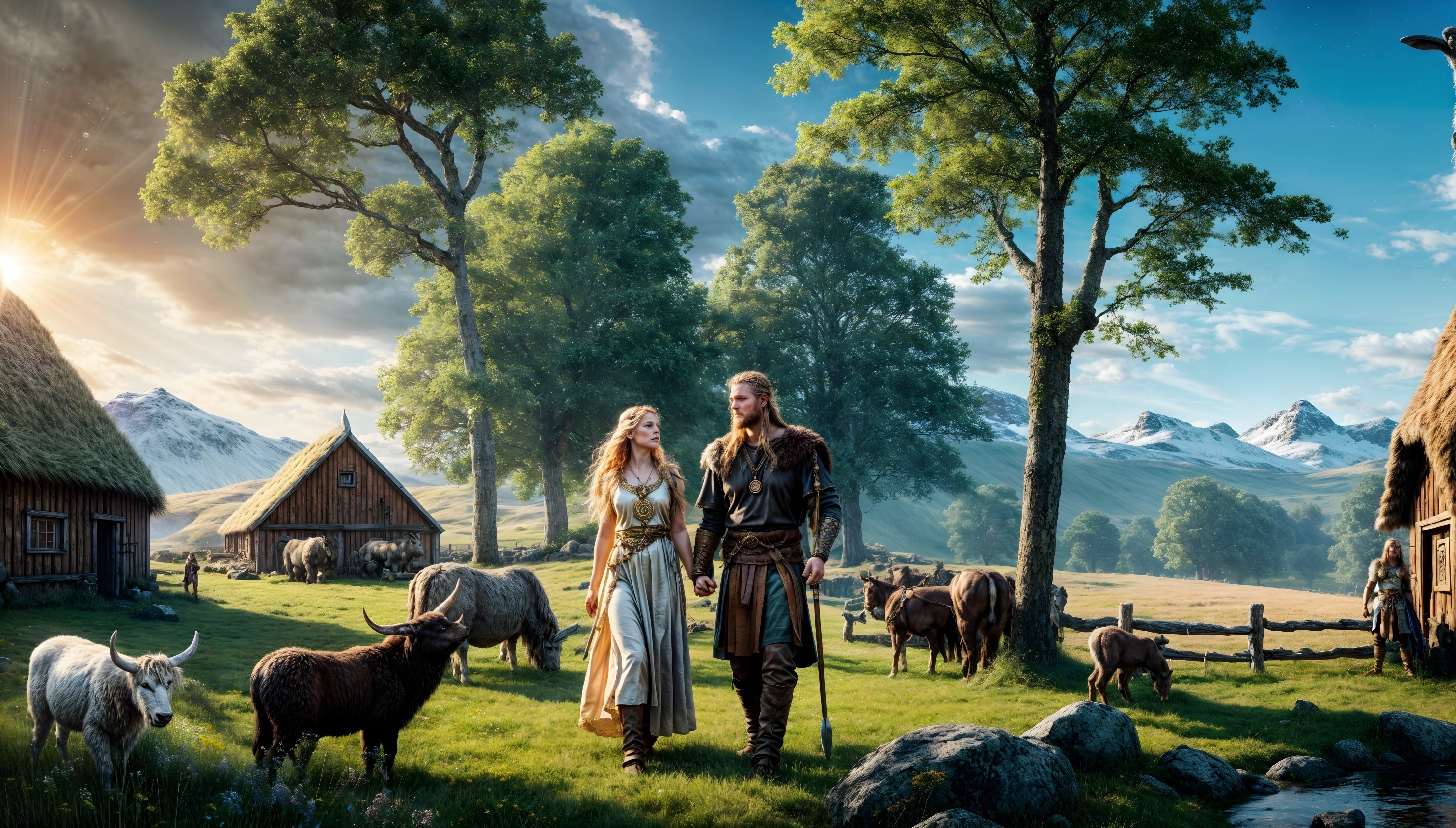 Countryside Scene with Couple and Lush Landscape