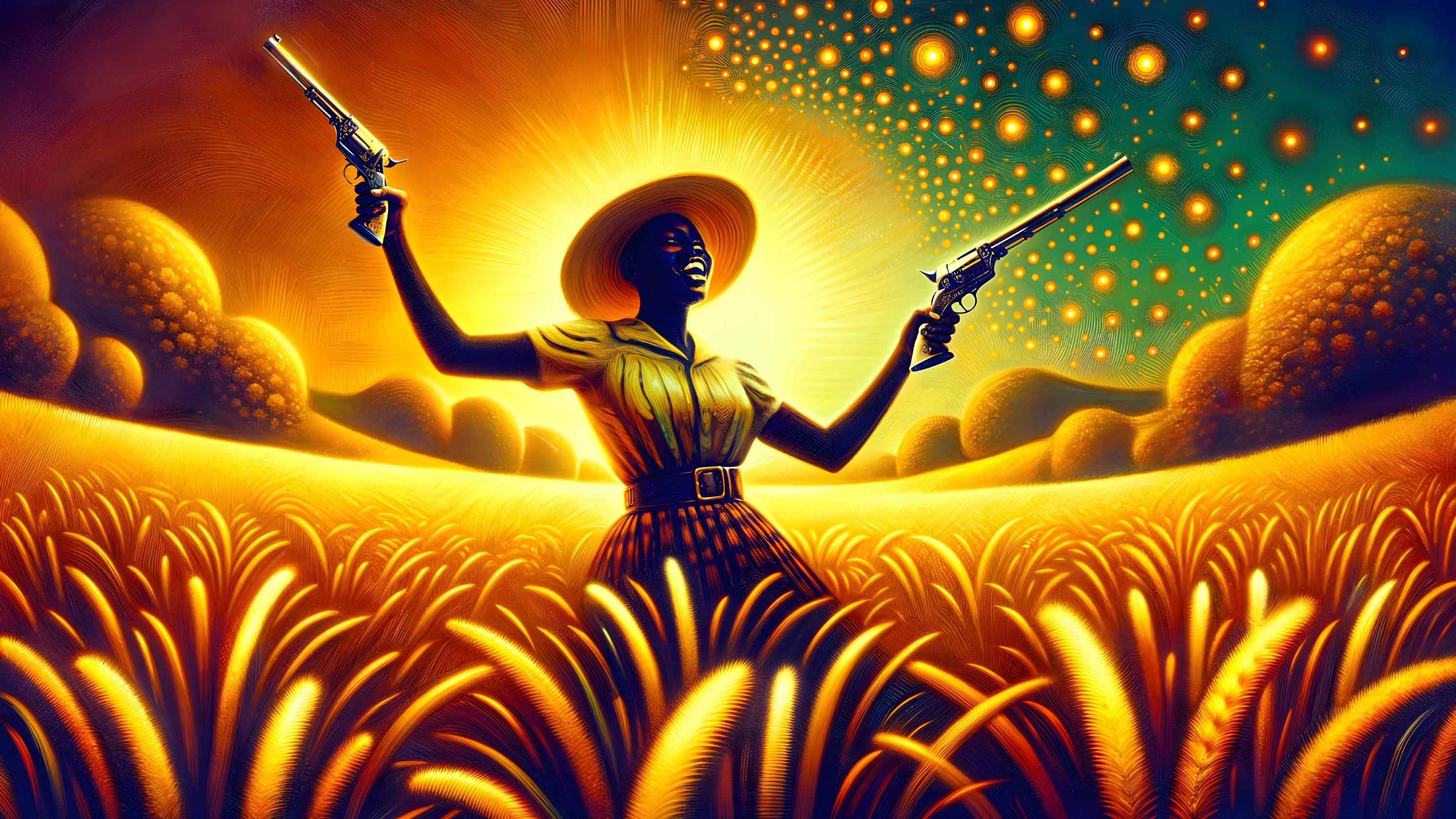 Strong figure with guns in a golden landscape