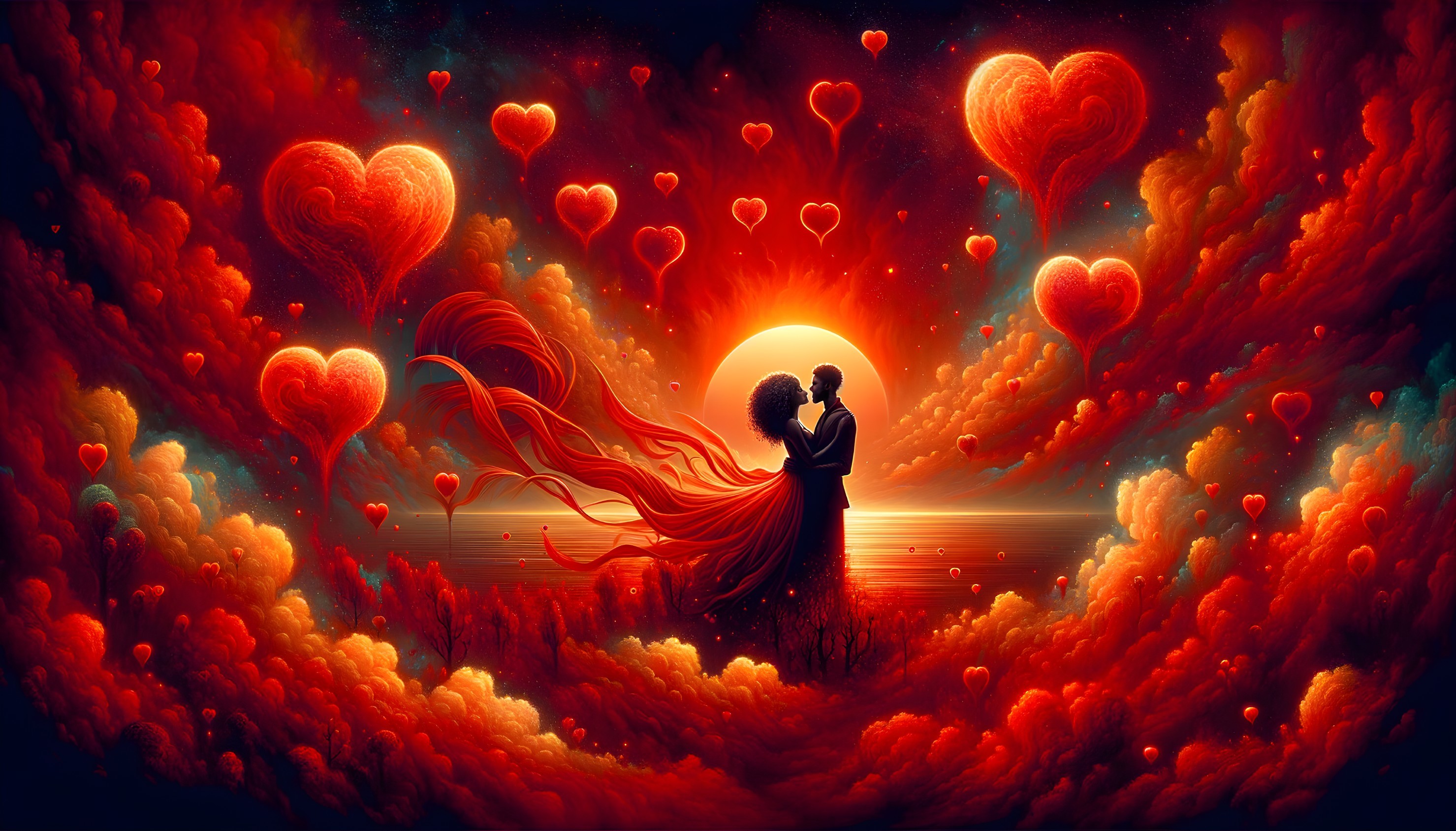 Couple Embracing at Sunset with Heart Balloons