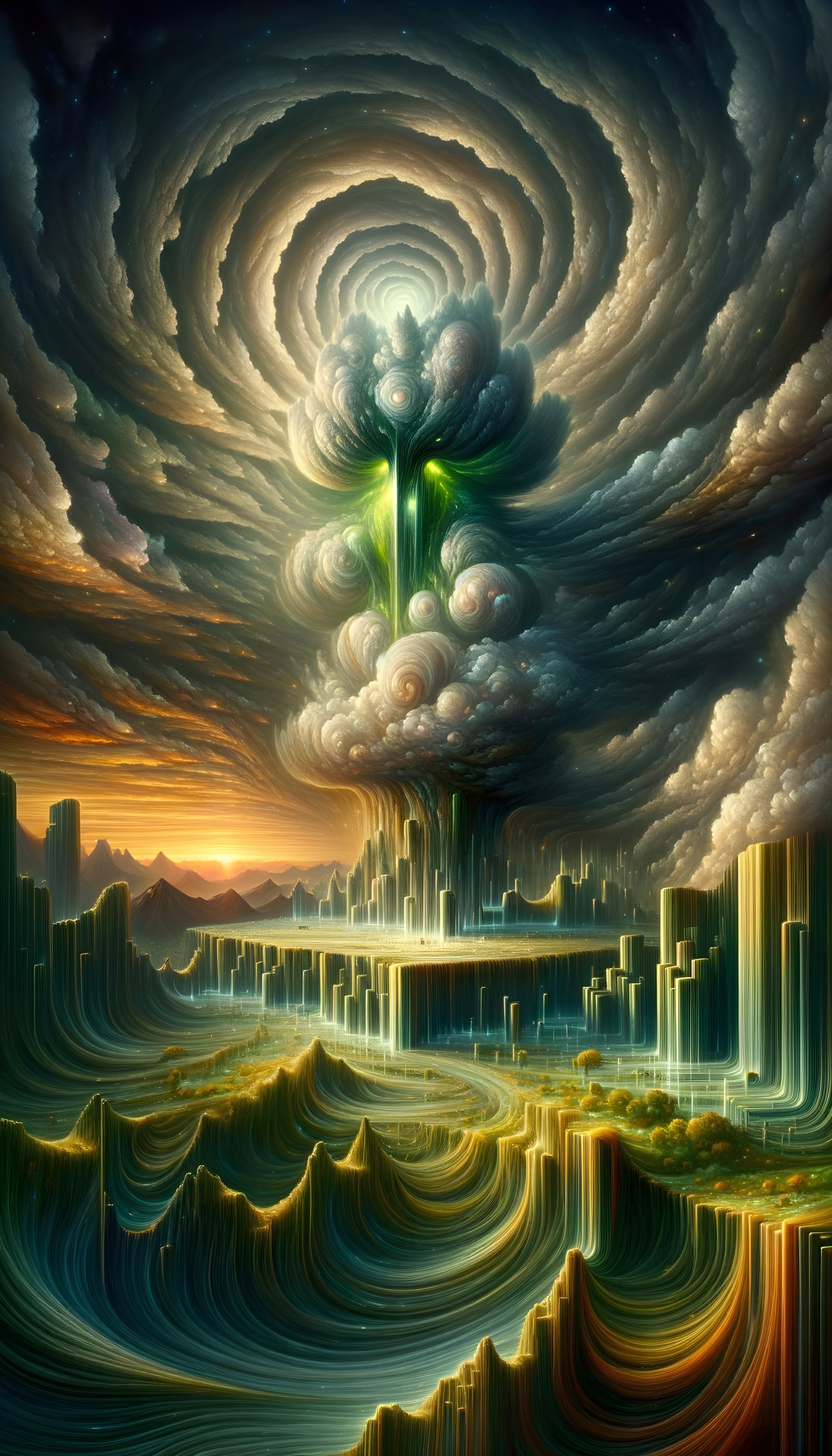 Surreal Landscape with Vibrant Clouds and Cityscapes