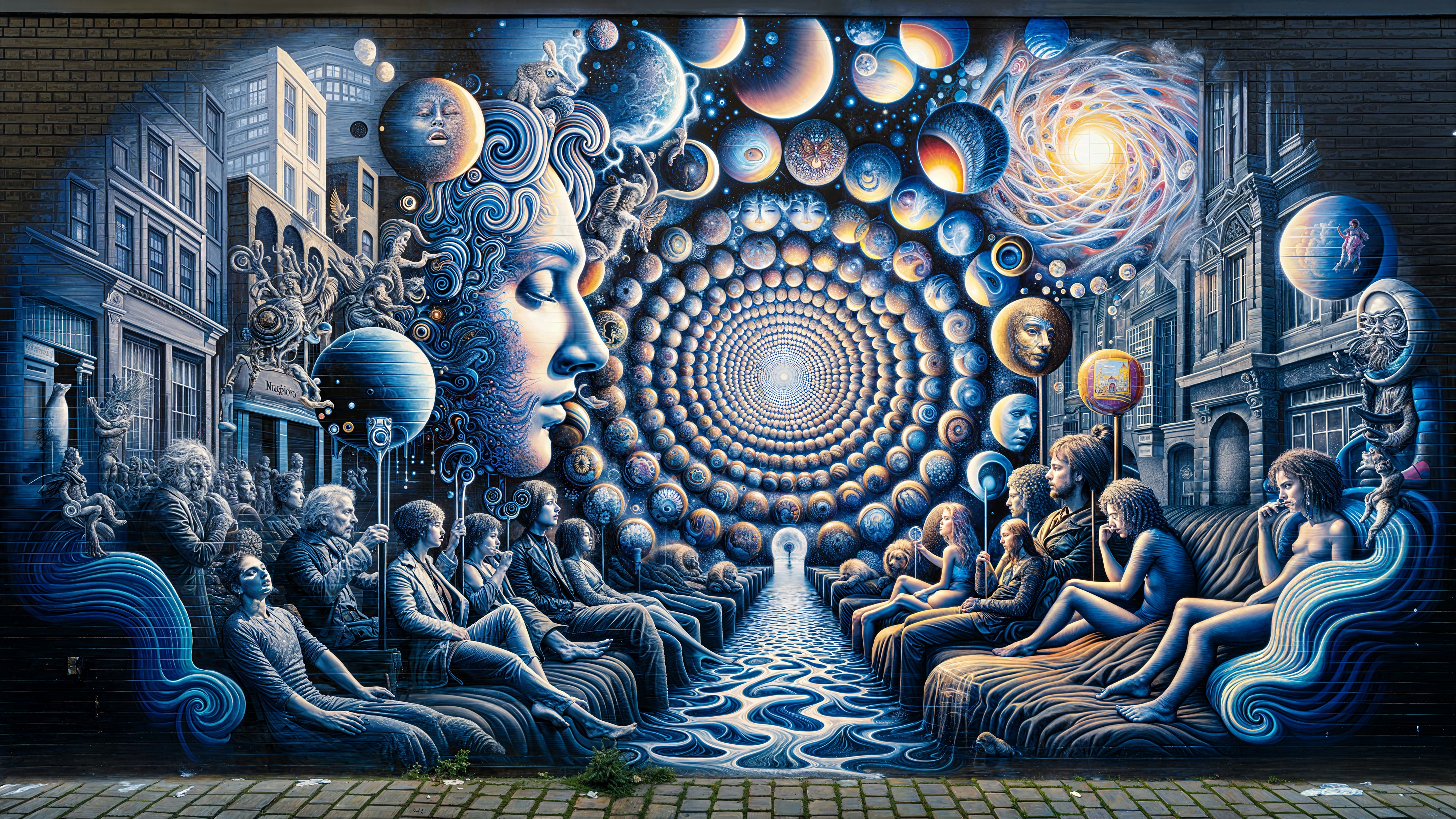 Cosmic Mural with Human Faces and Celestial Elements
