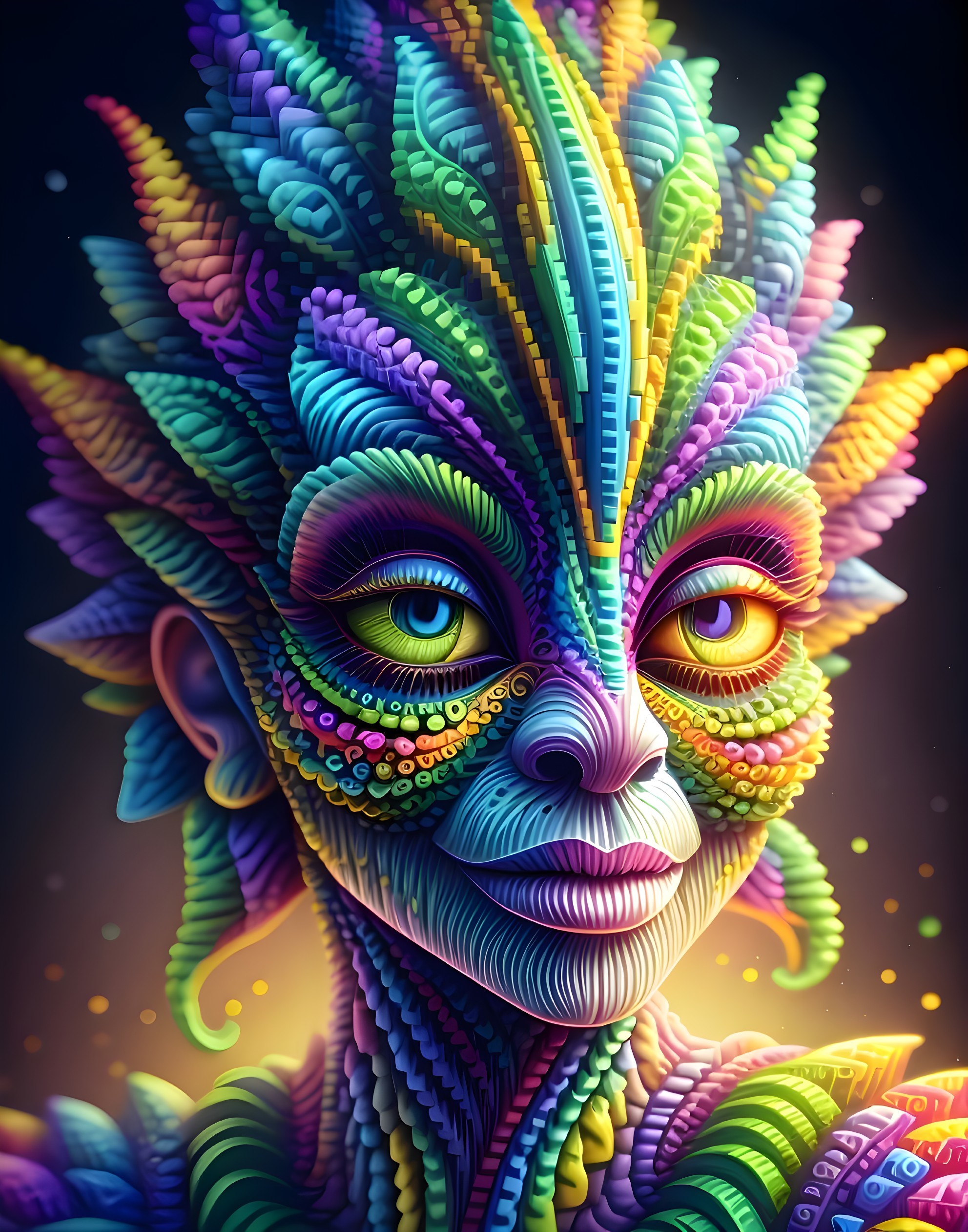Vibrant Fantastical Face with Plant-Like Patterns