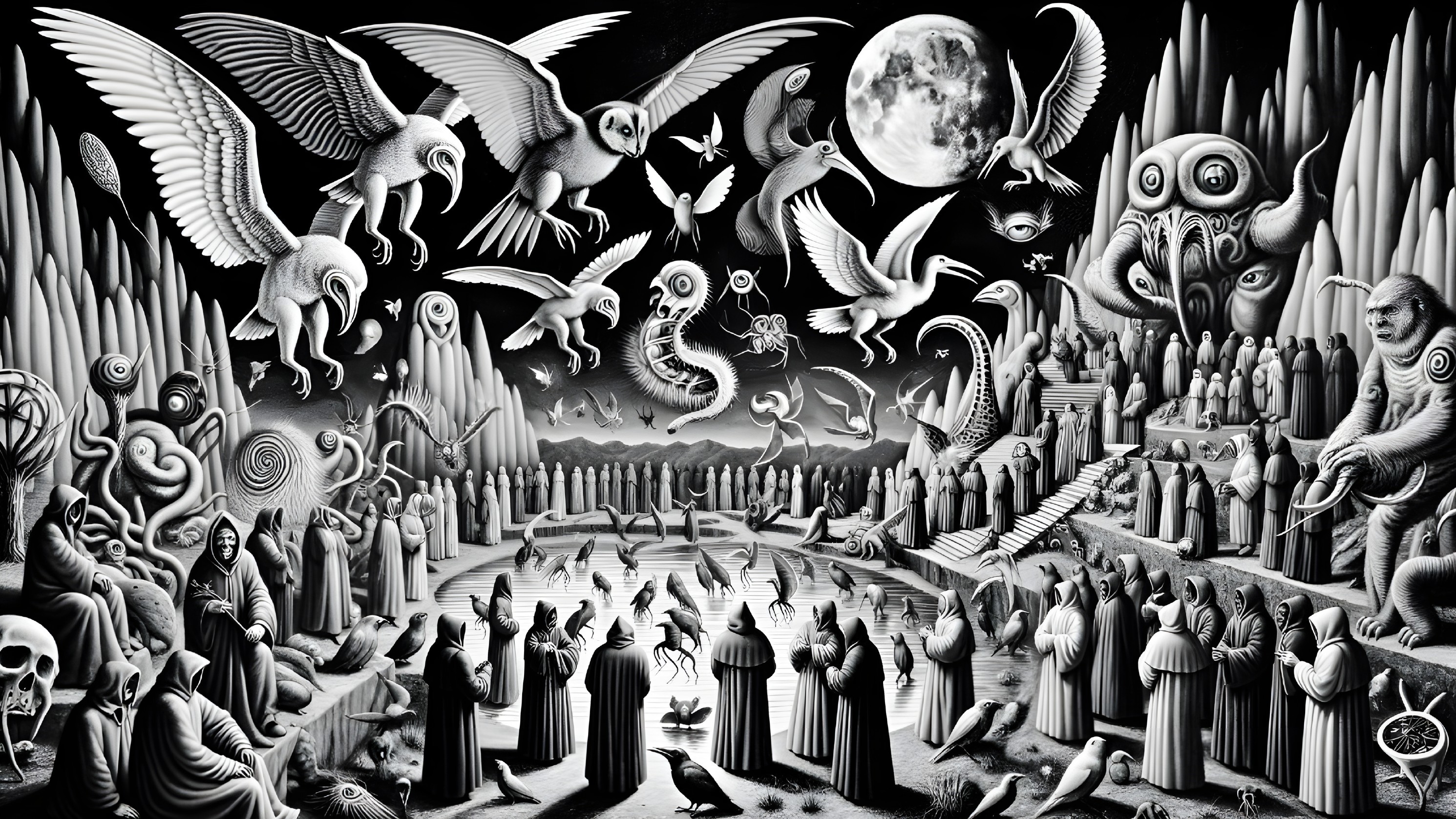 Surreal Black-and-White Scene with Enigmatic Figures