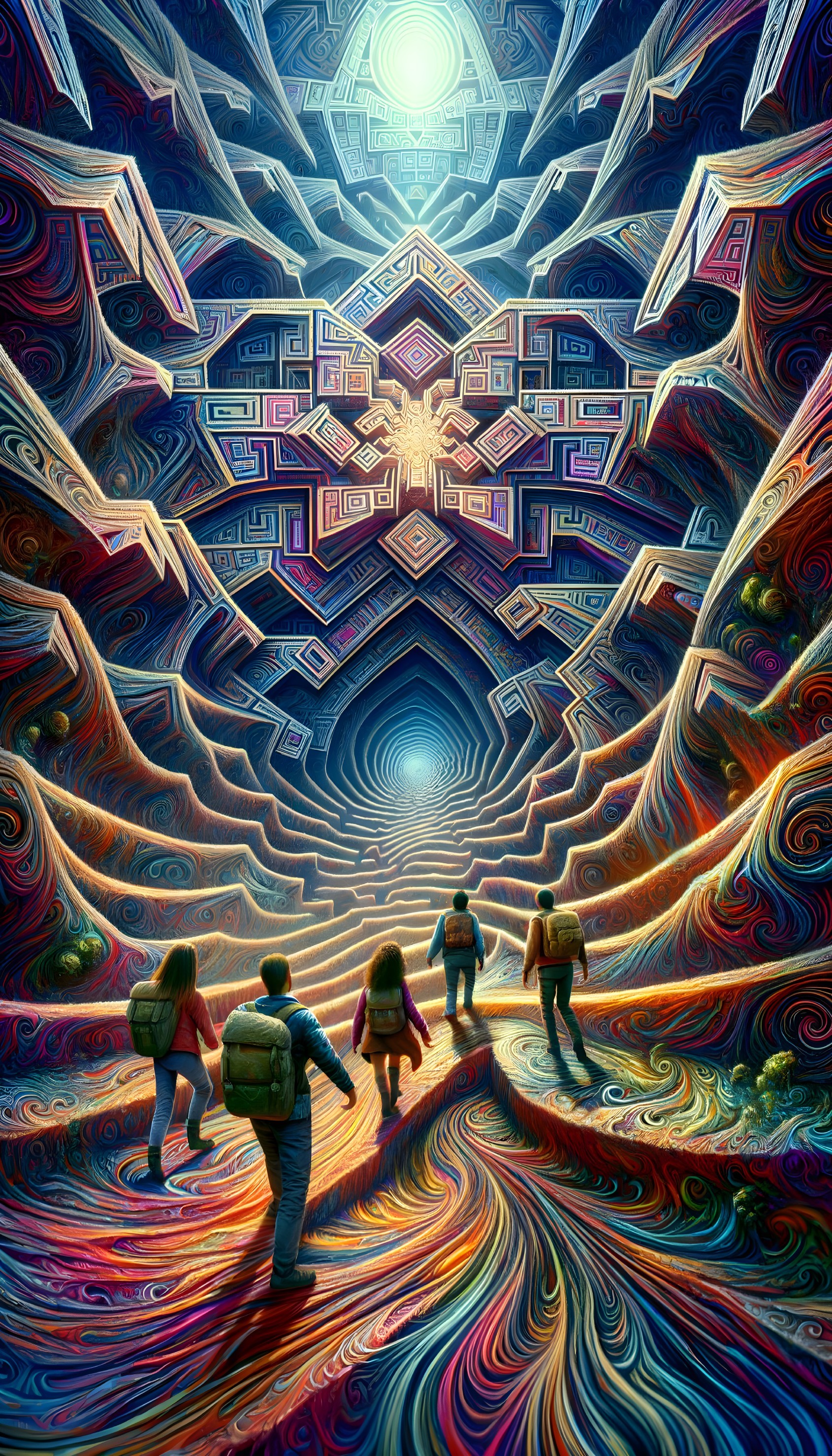 Psychedelic digital art: Four people walking to kaleidoscopic portal