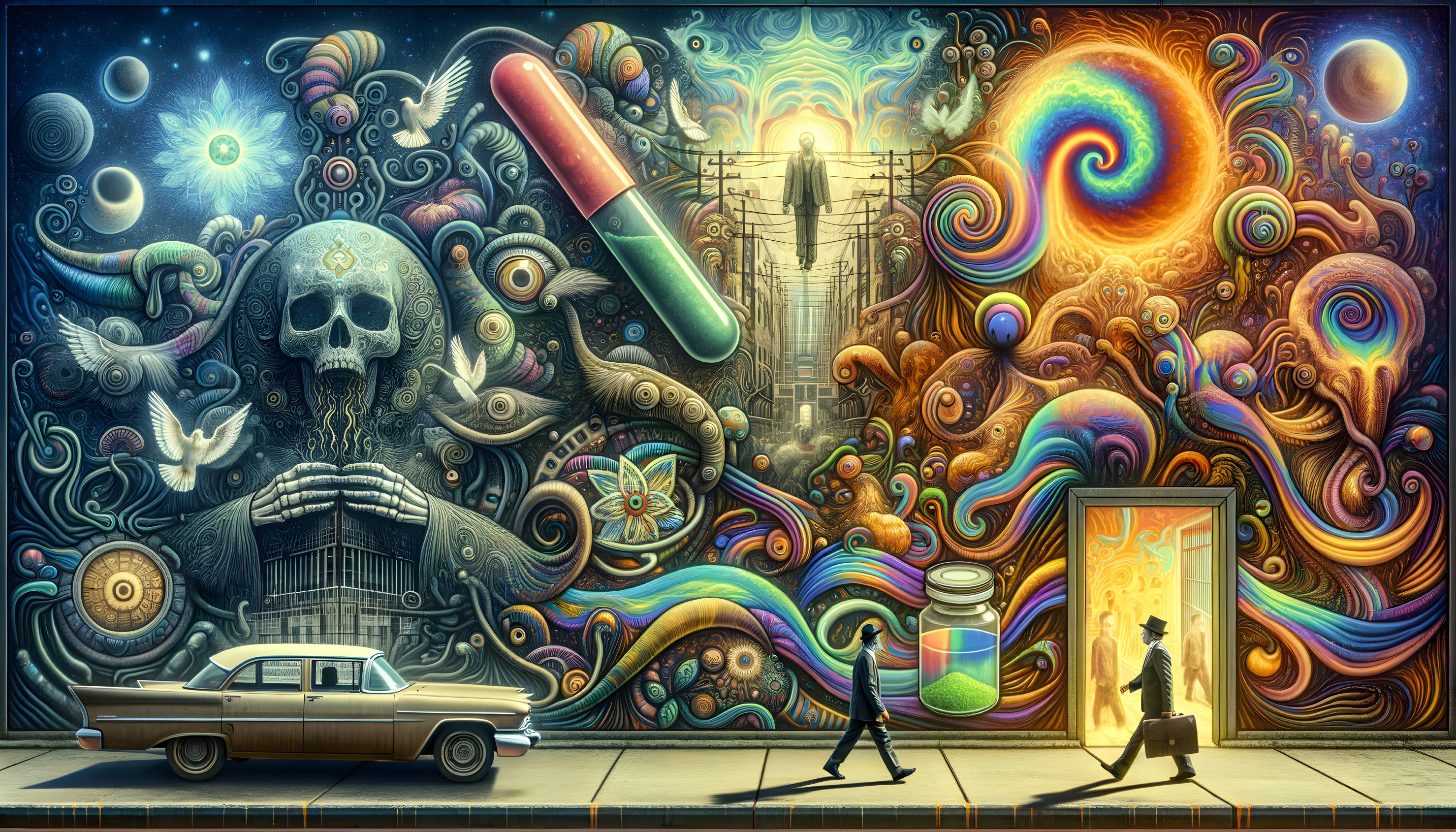 Surreal Mural with Cosmic Elements and Vintage Car