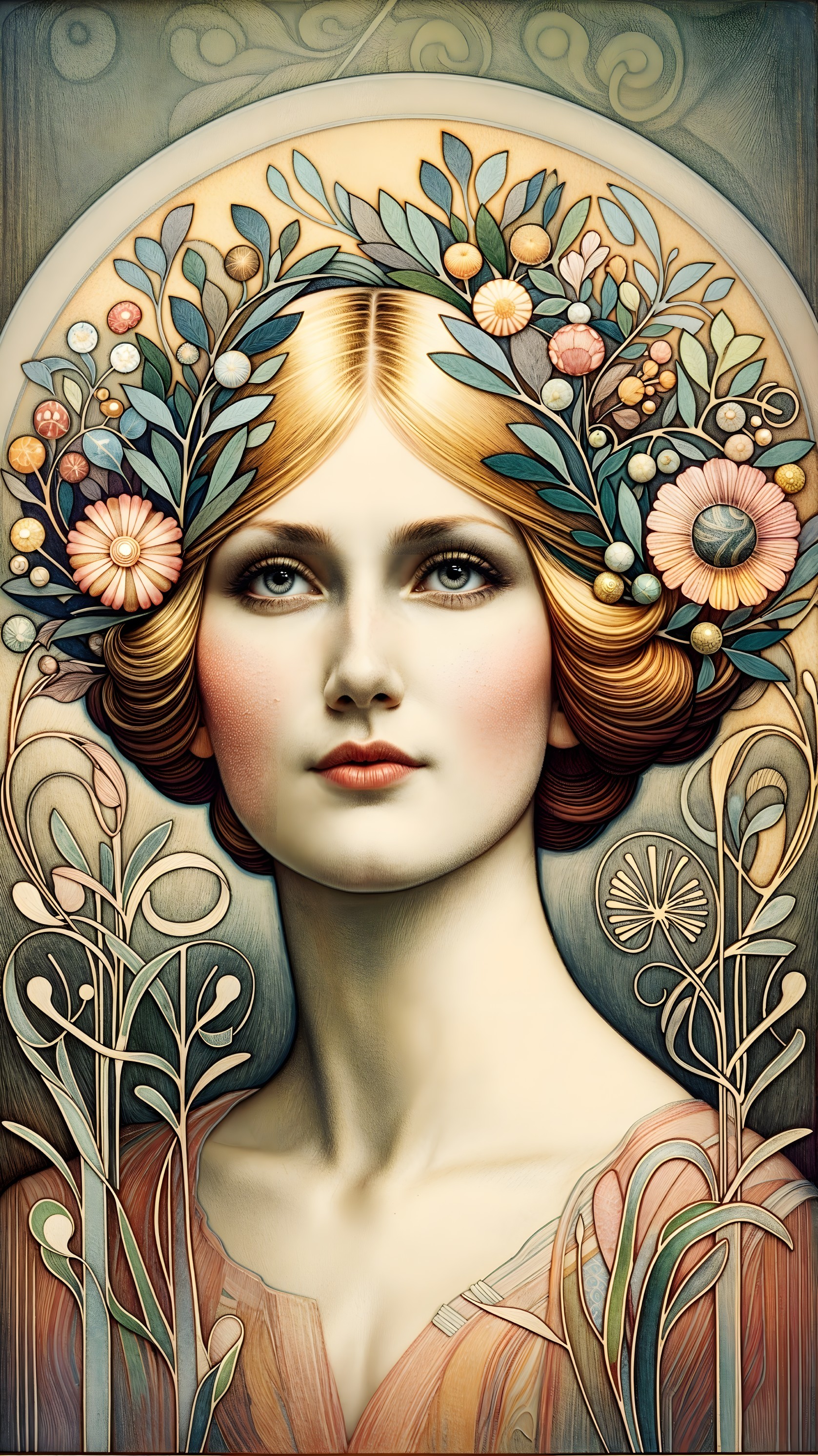 Stylized portrait of a woman with floral crown and pastels