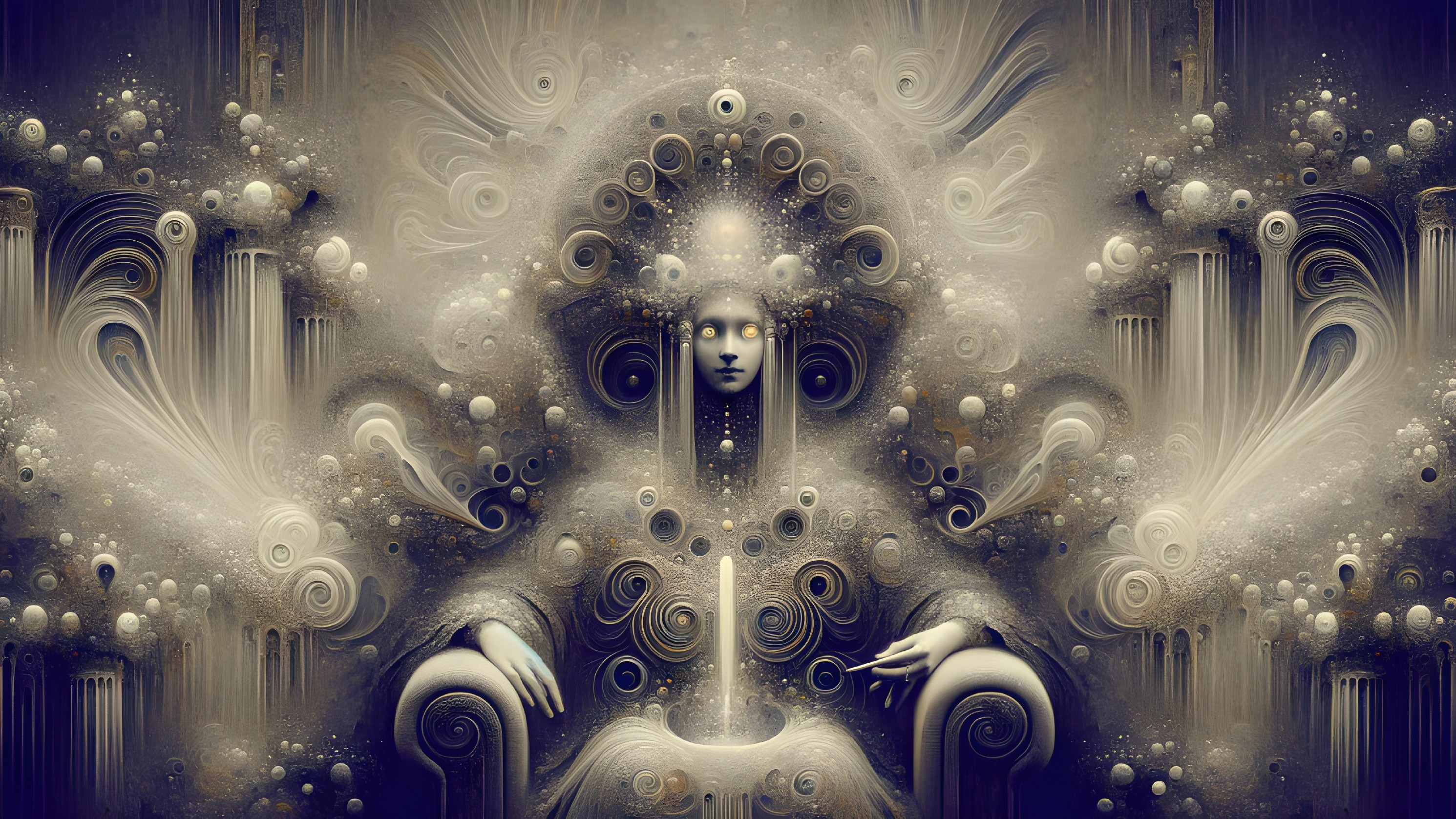 Surreal Figure Surrounded by Swirling Patterns and Light