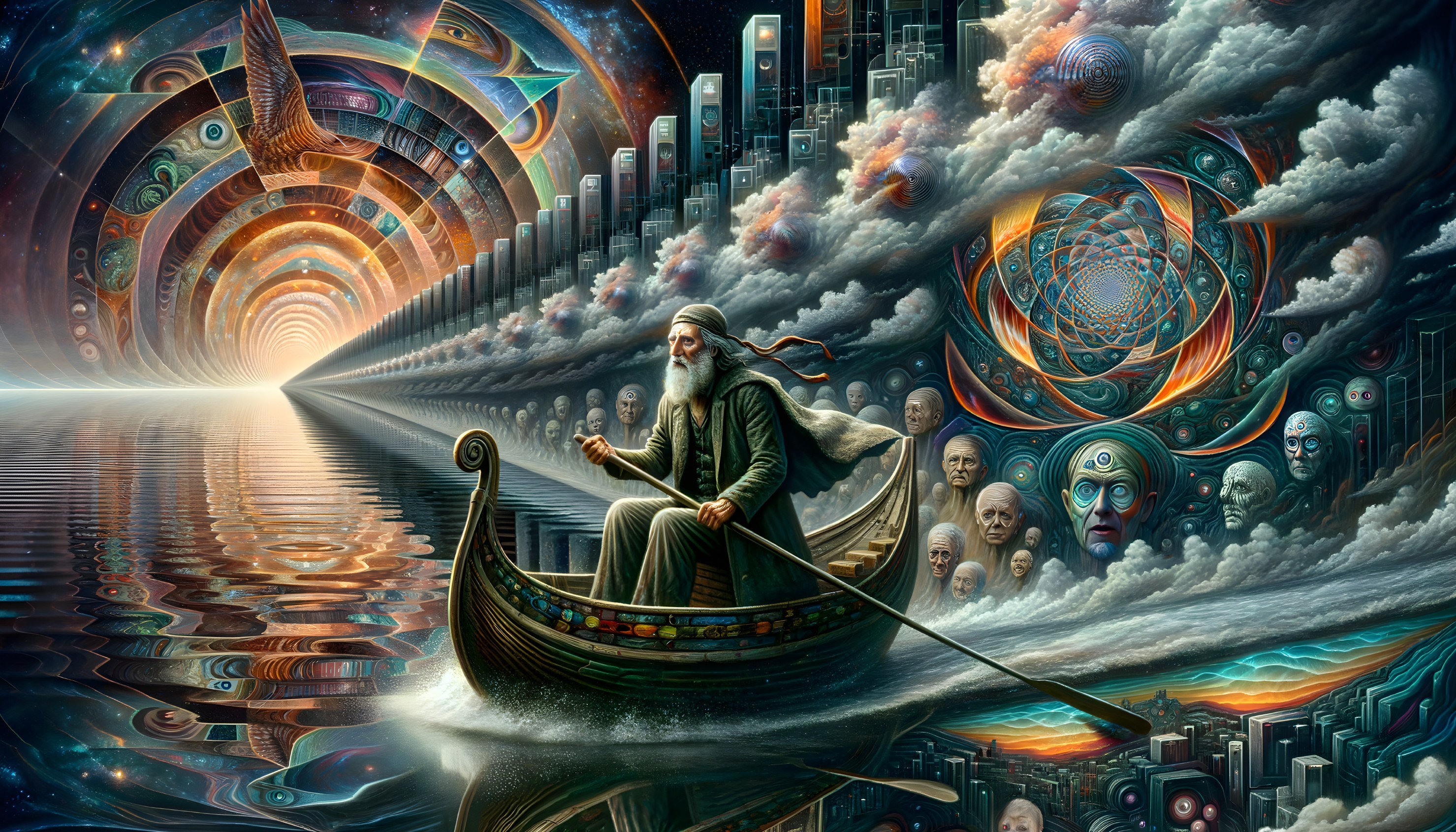 Solitary figure on a mystical river with cosmic patterns