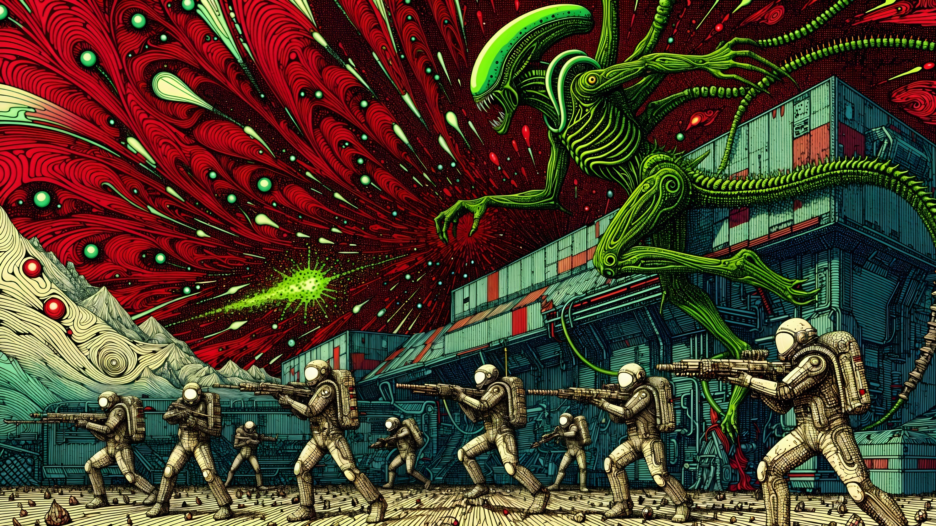 Alien Creature Overlooks Armed Astronauts in Chaos